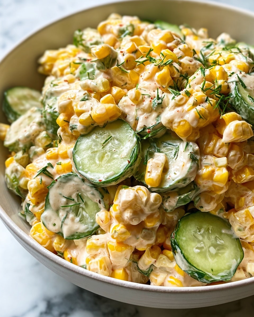 A close-up view of a creamy salad in a white bowl filled with bright yellow corn kernels, light green cucumber slices, and bits of green herbs mixed in thick, light beige dressing with some reddish specks. The salad looks fresh and colorful with the creamy sauce evenly covering the corn and cucumber, showing texture from the corn’s round kernels and the cucumber's smooth, sliced rounds. The background is a white marbled surface. photo taken with an iphone --ar 4:5 --v 7