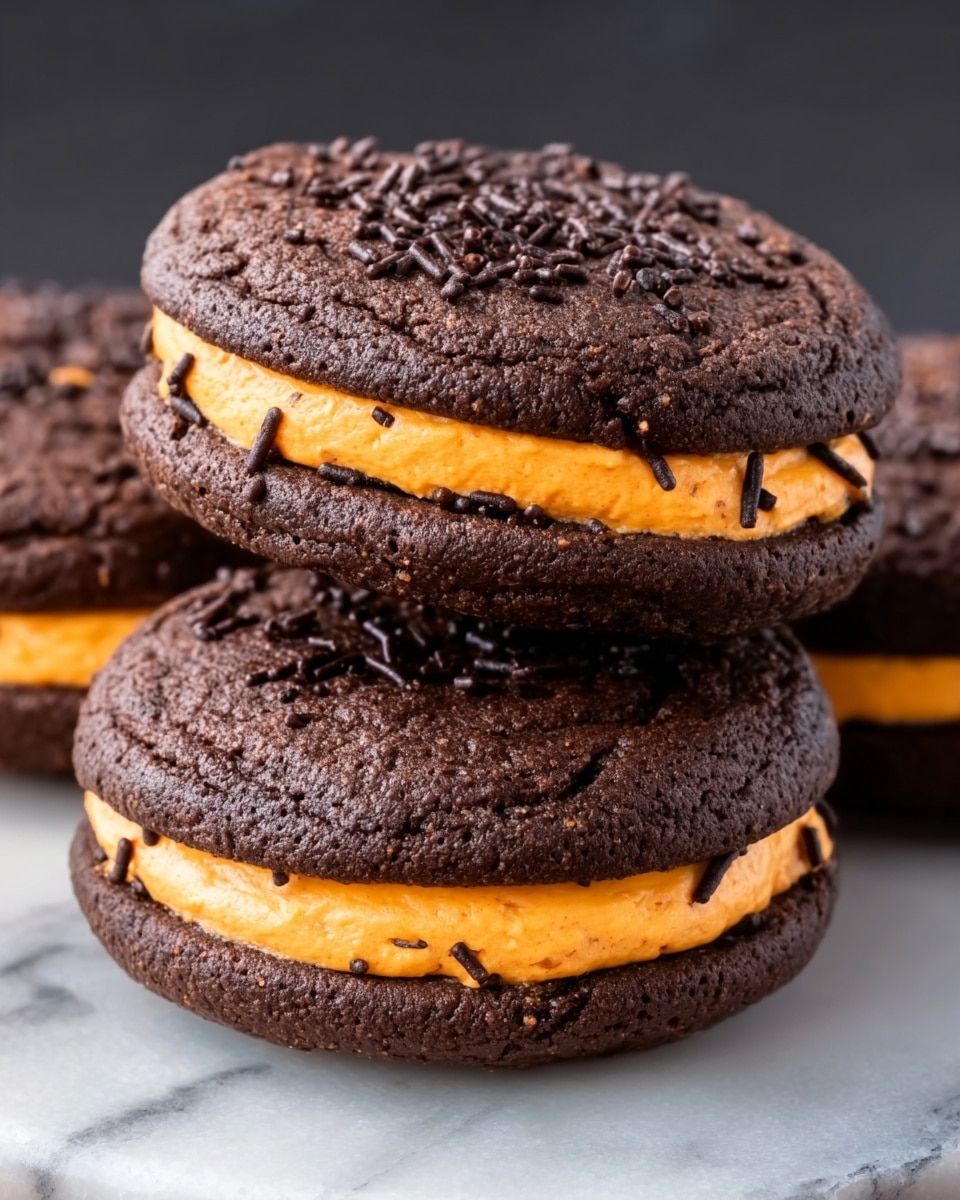 The image shows three chocolate sandwich cookies stacked closely together on a white marbled surface. Each cookie has two dark brown, soft-looking halves with a rough, slightly cracked texture on top. Between the halves, there is one bright orange cream layer that looks smooth and thick. Small dark chocolate sprinkles are scattered unevenly on the cream. The cookies are placed in a slightly triangular arrangement with one cookie leaning against the other two. Photo taken with an iphone --ar 4:5 --v 7