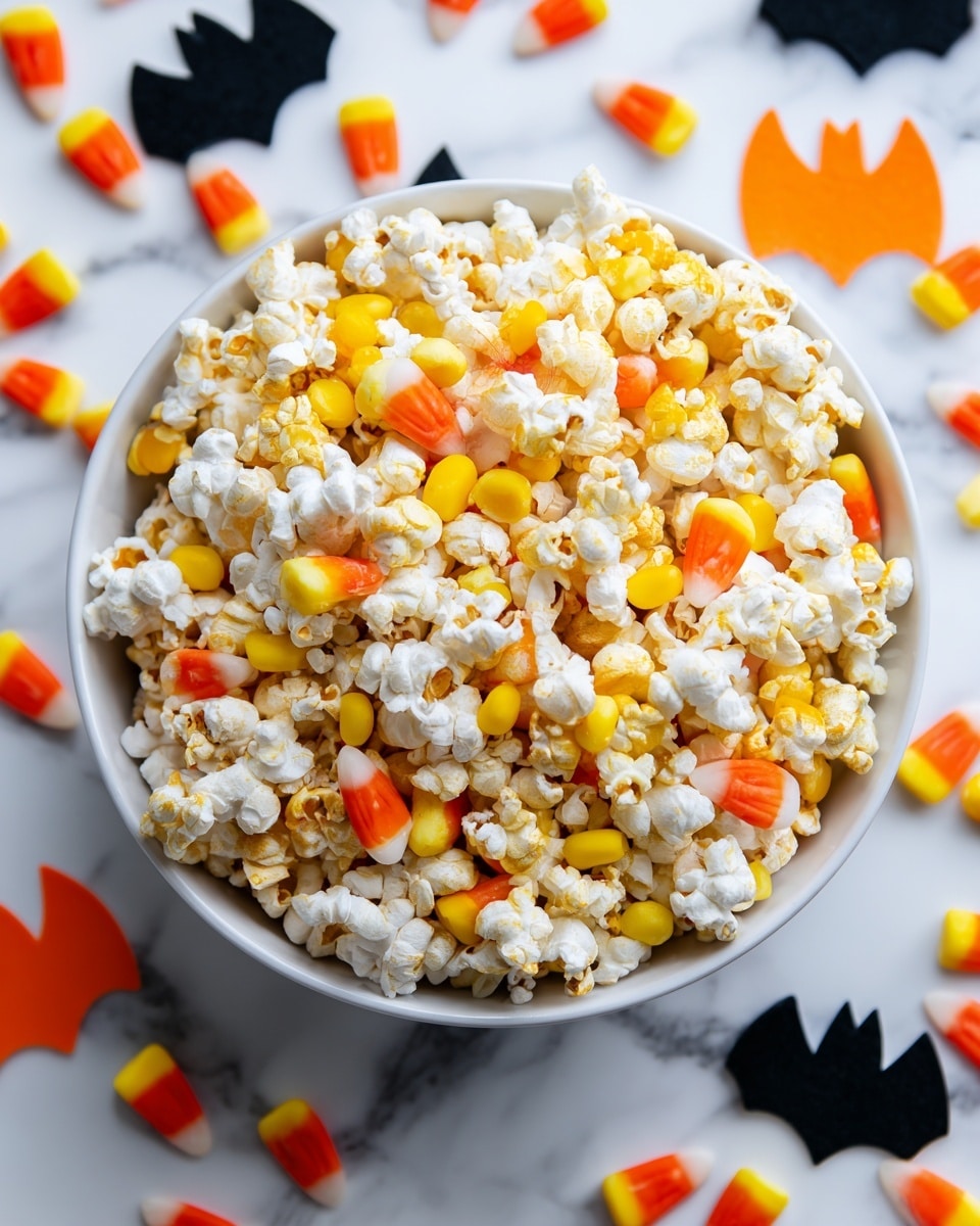 A white bowl filled with popcorn mixed with candy corn pieces, showing a variety of white, light yellow, and orange colors; the popcorn is fluffy with some caramel-colored spots, and the candy corn pieces are bright yellow, orange, and white with a smooth, hard texture. The bowl sits on a white marbled surface scattered with more candy corn pieces and festive black and orange Halloween decorations around it. Photo taken with an iphone --ar 4:5 --v 7