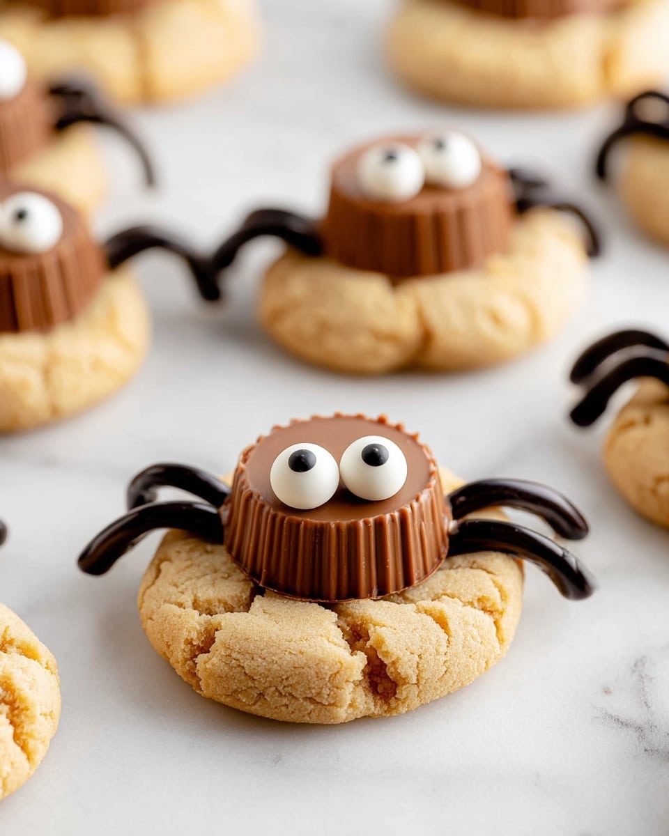The image shows a close-up of a peanut butter cookie base that is light golden and cracked in texture. On top of the cookie sits a small, ridged milk chocolate cup resembling a spider's body. Two white candy eyes with black centers are placed on the chocolate cup. There are four black chocolate lines on each side, resembling spider legs, extending outward on the cookie surface. The background features more of these spider cookies softly focused on a white marbled surface. Photo taken with an iphone --ar 4:5 --v 7