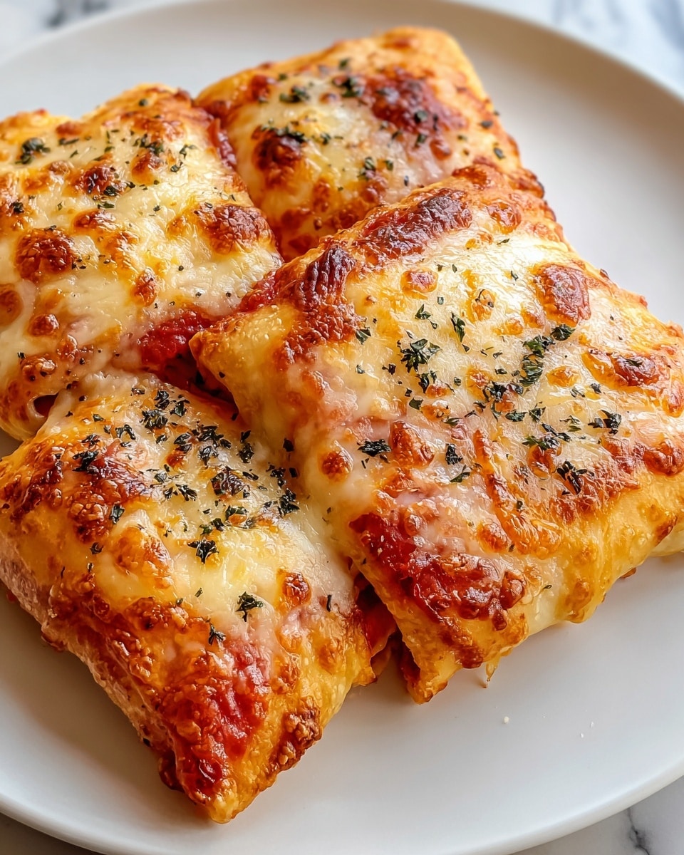 The image shows three golden-brown, rectangular baked pastries on a white plate, each topped with melted cheese that has browned and bubbled slightly, giving a crispy texture. The cheese is sprinkled with small bits of dried herbs in dark green and black hues. The pastries appear to have a soft, flaky dough with a visible layer of reddish tomato sauce and white melted cheese inside. The edges of the pastries are neatly folded, showing hints of the filling. The background is a white marbled texture. photo taken with an iphone --ar 4:5 --v 7