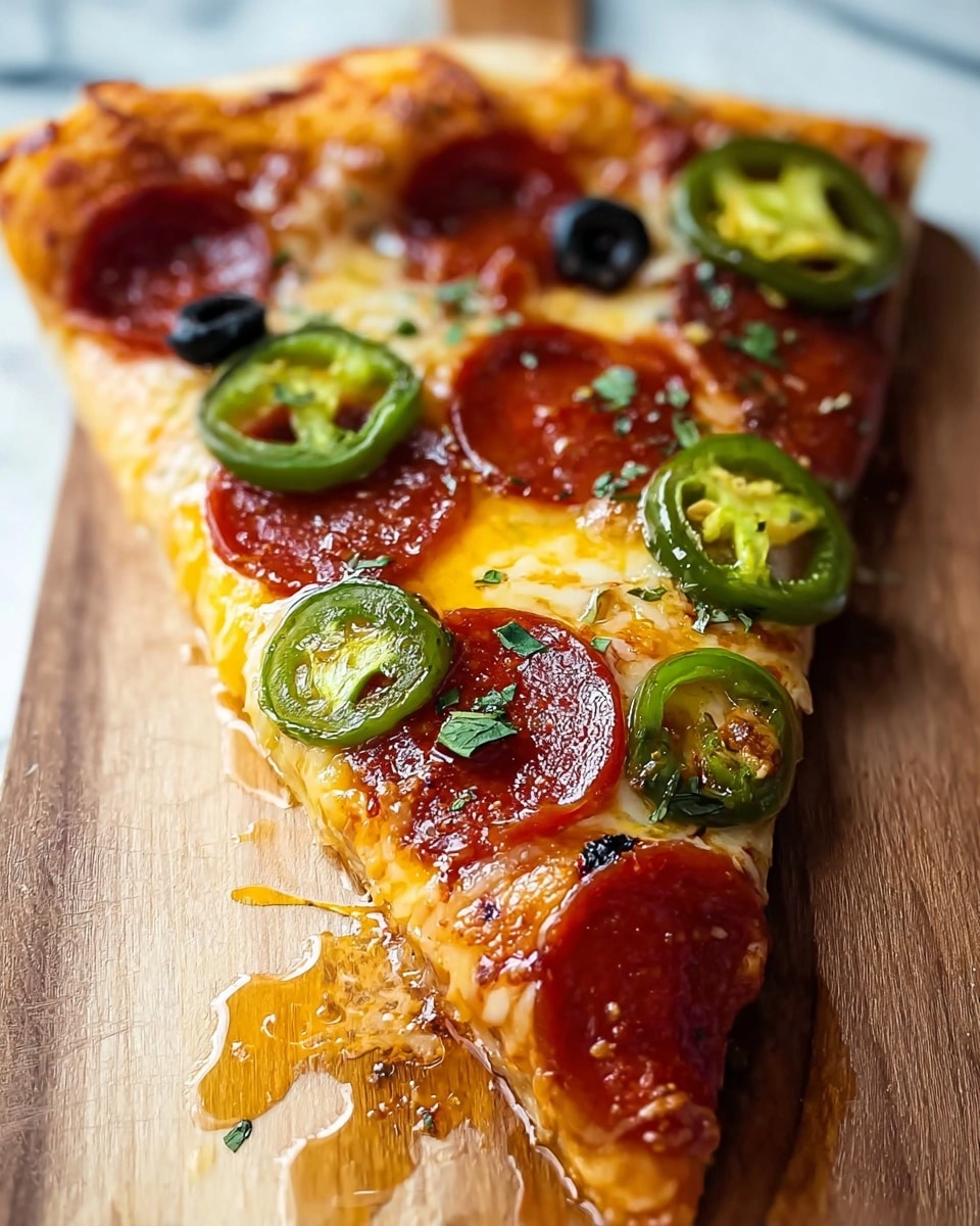 A close-up of a single slice of pizza resting on a wooden board atop a white marbled texture. The slice has three main layers: a golden crust at the bottom with a slightly crispy edge, a melted yellow and white cheese layer covering the crust, and a topping layer featuring round, glossy pepperoni slices and bright green jalapeno rings, along with small pieces of black olives and scattered green herbs. The cheese is slightly browned and oily, with some cheese stretching off the slice, and there are shiny drops of oil on the wooden board next to it. photo taken with an iphone --ar 4:5 --v 7