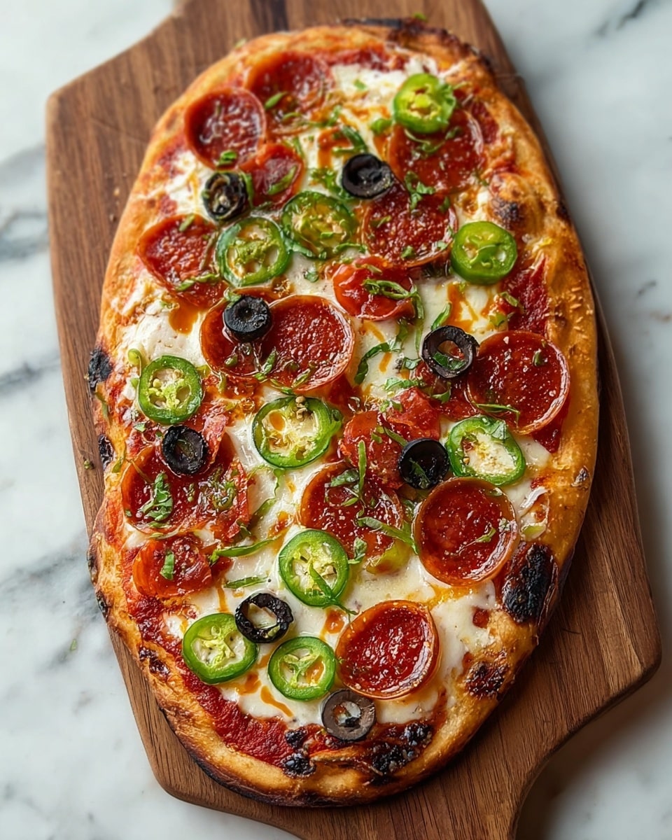 An oval-shaped pizza sits on a wooden board over a white marbled surface, featuring a golden-brown crust with slight charring at the edges. The first layer is a red tomato sauce spread evenly, topped with a generous layer of melted, creamy white cheese. On top, there are round pepperoni slices with a shiny, oily surface, green jalapeño rings with a firm texture, and sliced black olives scattered throughout. Small bits of chopped green herbs and a light drizzle of sauce add extra color and texture. The toppings are spaced out evenly across the pizza, showing a well-balanced mix of colors and layers. photo taken with an iphone --ar 4:5 --v 7