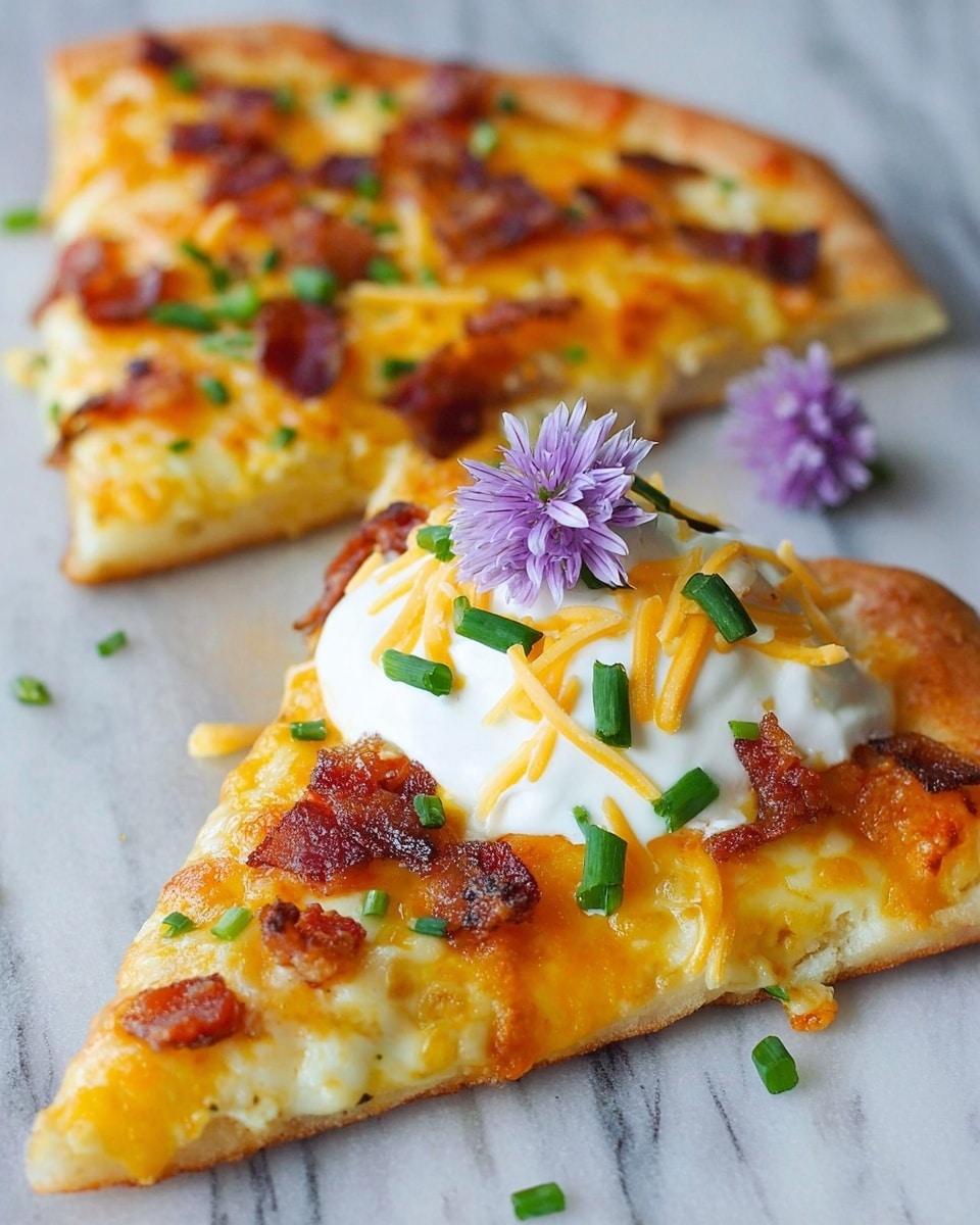Two slices of cheesy pizza are placed on a white marbled surface. Each slice has a golden-brown crust with melted yellow and orange cheese covering the base. The toppings include crispy brown bacon pieces and small green chive pieces scattered on top. One pizza slice is in front with a dollop of thick, white sour cream spilling over the edge, sprinkled with shredded cheese and chives, and topped with a small purple flower. The other slice is slightly blurred in the background. photo taken with an iphone --ar 4:5 --v 7