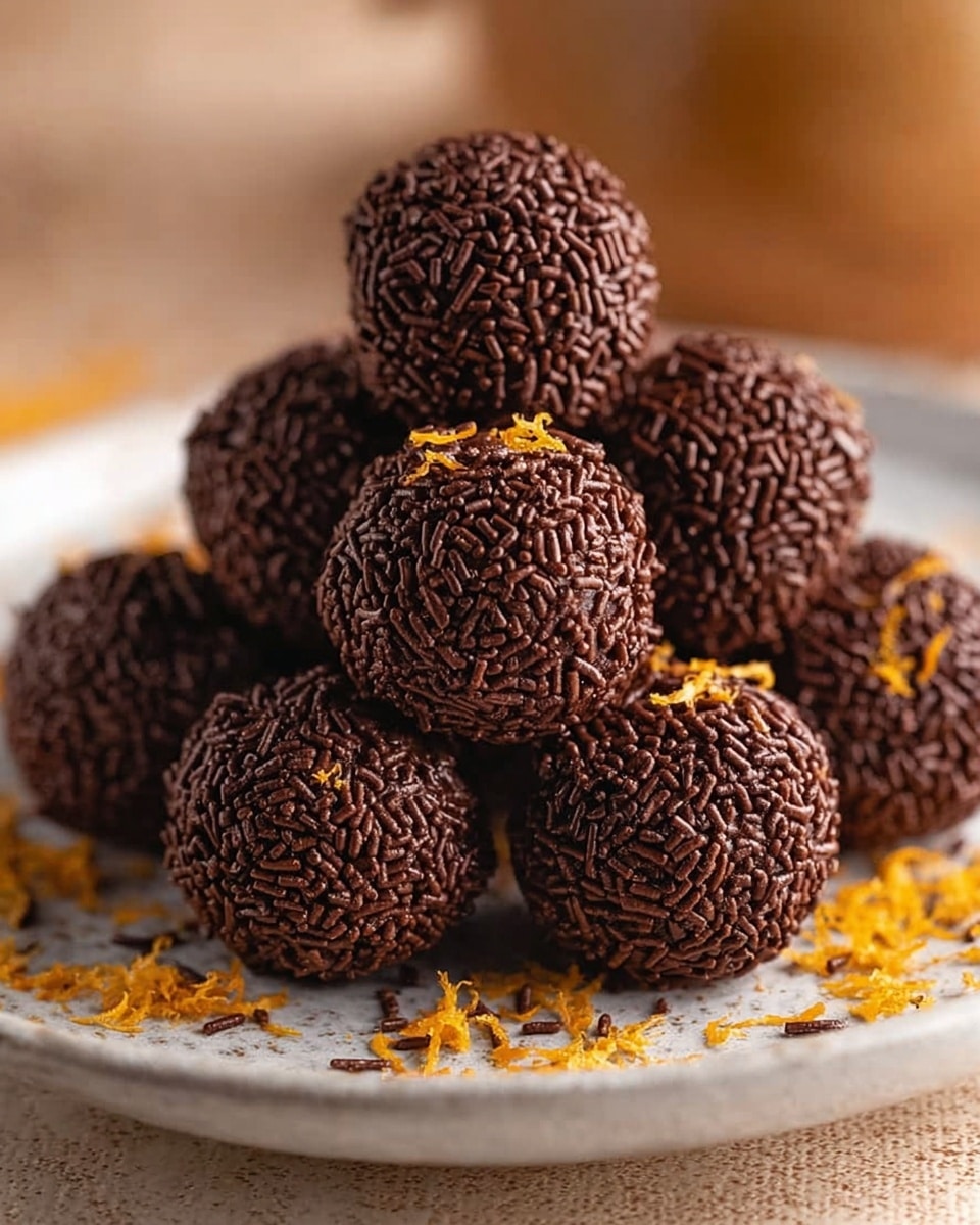 A close-up view of a pile of round chocolate truffles covered in dark brown chocolate sprinkles. The truffles form a small pyramid with varying sizes but similar textures, showing the fine details of the sprinkles that cover their surface. They sit on a white plate that has some scattered orange zest and extra chocolate sprinkles around them, adding contrast and a pop of color to the image. The background is softly blurred with a warm tone, creating a cozy atmosphere. Photo taken with an iphone --ar 4:5 --v 7