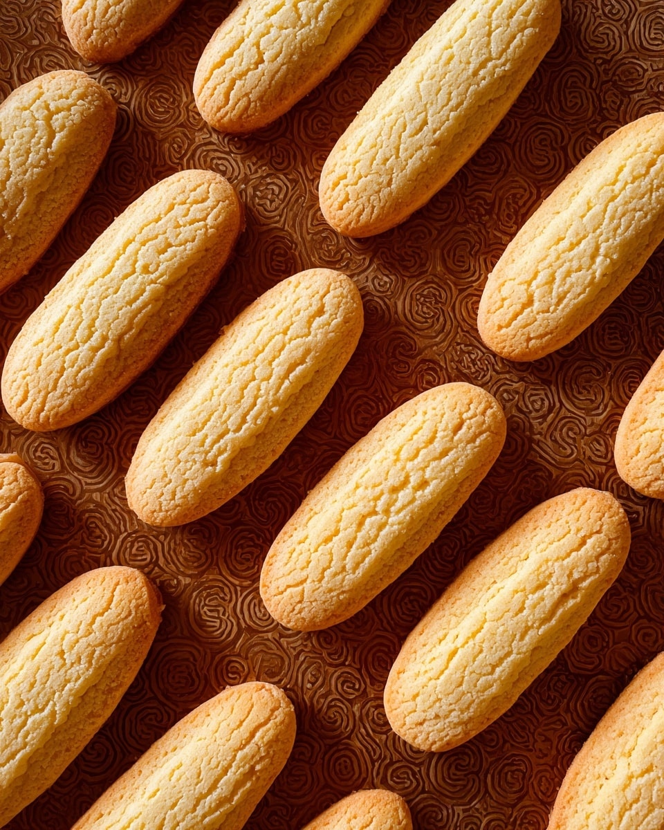 The image shows rows of freshly baked ladyfinger cookies laid out on a brown baking mat with circular patterns. Each ladyfinger is light golden brown with a soft, slightly rough texture and an elongated oval shape. The cookies are evenly spaced in a neat, diagonal arrangement across the mat. The background is a white marbled texture. photo taken with an iphone --ar 4:5 --v 7