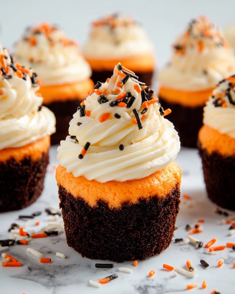 The image shows several small cupcakes arranged on a white marbled surface. Each cupcake has three layers: a bottom dark chocolate crust that looks dense and crumbly, a middle bright orange cake layer with a soft, moist texture, and a thick top layer of creamy white frosting that is swirled in a high, flower-like shape. The frosting is sprinkled with small elongated and round sprinkles in black, orange, and white colors, adding a festive touch. Some sprinkles are scattered around the cupcakes on the surface as well. Photo taken with an iphone --ar 4:5 --v 7