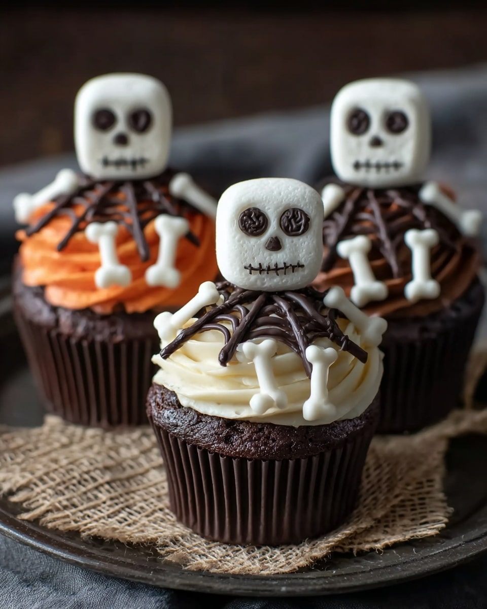 Three chocolate cupcakes sit on a dark round tray covered with a piece of rough burlap fabric. Each cupcake has two layers of frosting: the bottom layer is thick, swirled frosting in different colors—cream for one cupcake, orange for another, and dark brown for the last one. On top of the frosting, there is a small spider web made of thin chocolate lines. Each cupcake features a white marshmallow designed as a skeleton head with two large black holes for eyes and a stitched mouth, placed in the center. Below the head, small white candy bones form the ribs and feet, with thin chocolate sticks representing the arms, positioned sitting in front. The background is a soft cloth that is out of focus, and the cupcakes appear moist and detailed. Photo taken with an iphone --ar 4:5 --v 7