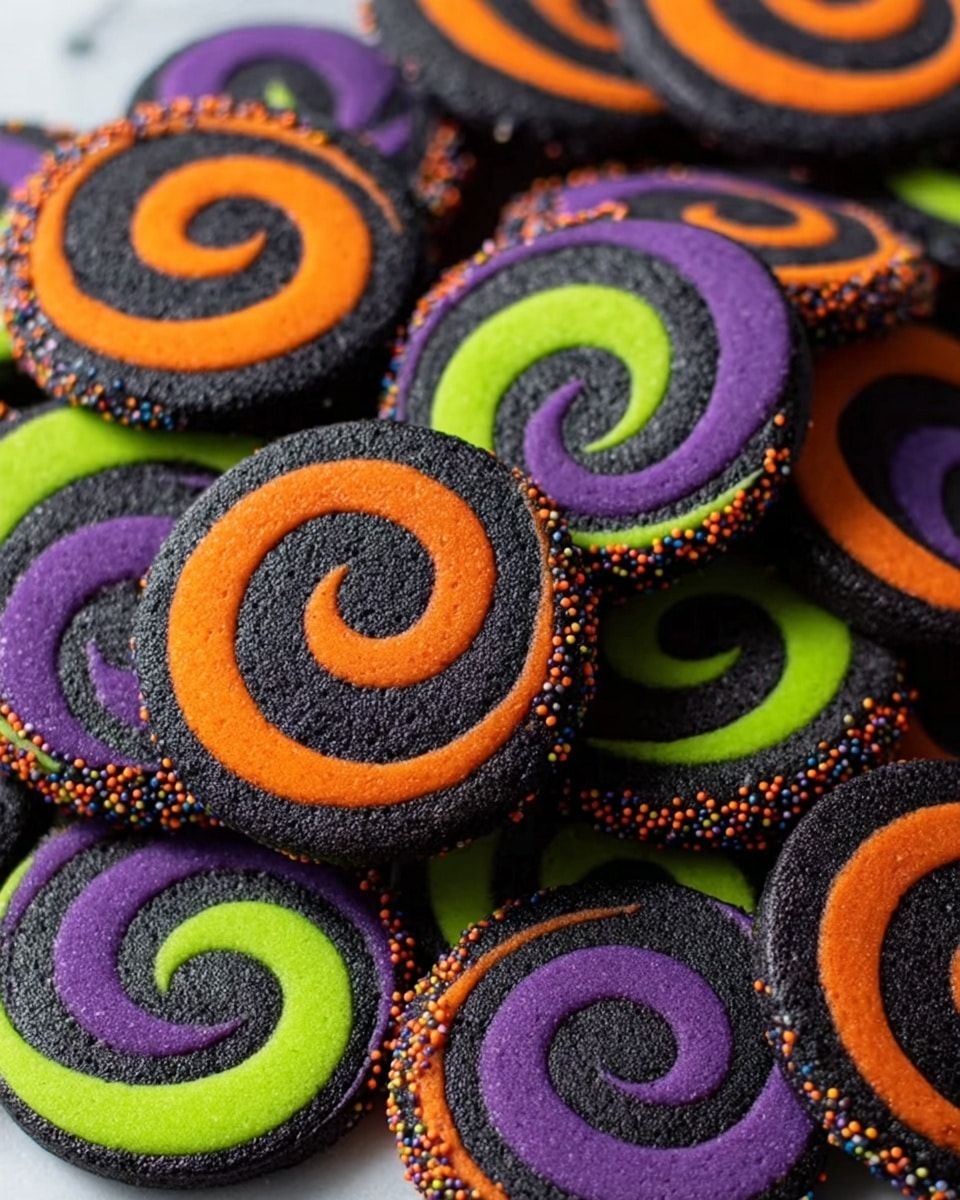 The image shows many round cookies with two layers of swirl designs on top. Each cookie base is dark black with a slightly rough texture, decorated with small orange and black round sprinkles around the edges. One swirl design is bright orange on a purple background, while the other is neon green on a dark gray background. The cookies are stacked closely on a white marbled surface, with some cookies overlapping each other, showing their curved and colorful spiral patterns clearly. photo taken with an iphone --ar 4:5 --v 7