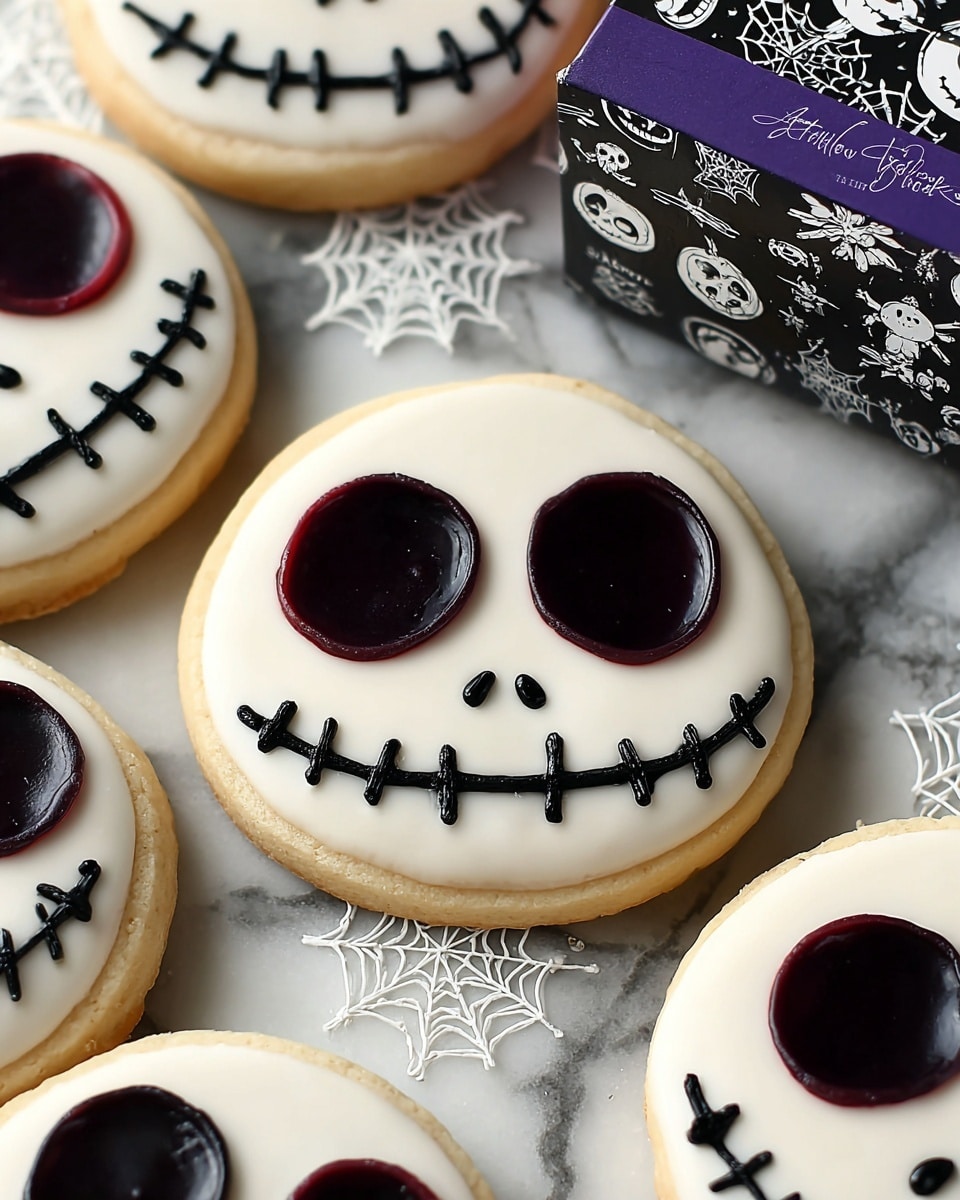 The image shows a close-up of round cookies decorated to look like spooky skull faces for Halloween. Each cookie has a white icing base layer with smooth texture, topped with two large glossy dark purple-black eyes made of jelly or glaze. Below the eyes, there are two small dark dots representing the nose. A thin black icing forms the wide stitched smile with vertical stitches crossing a curved black line across the lower half of each cookie’s face. The cookies are placed on a white marbled surface decorated with small white spider web shapes. In the background, part of a purple box with black and white Halloween-themed designs is also visible. photo taken with an iphone --ar 4:5 --v 7