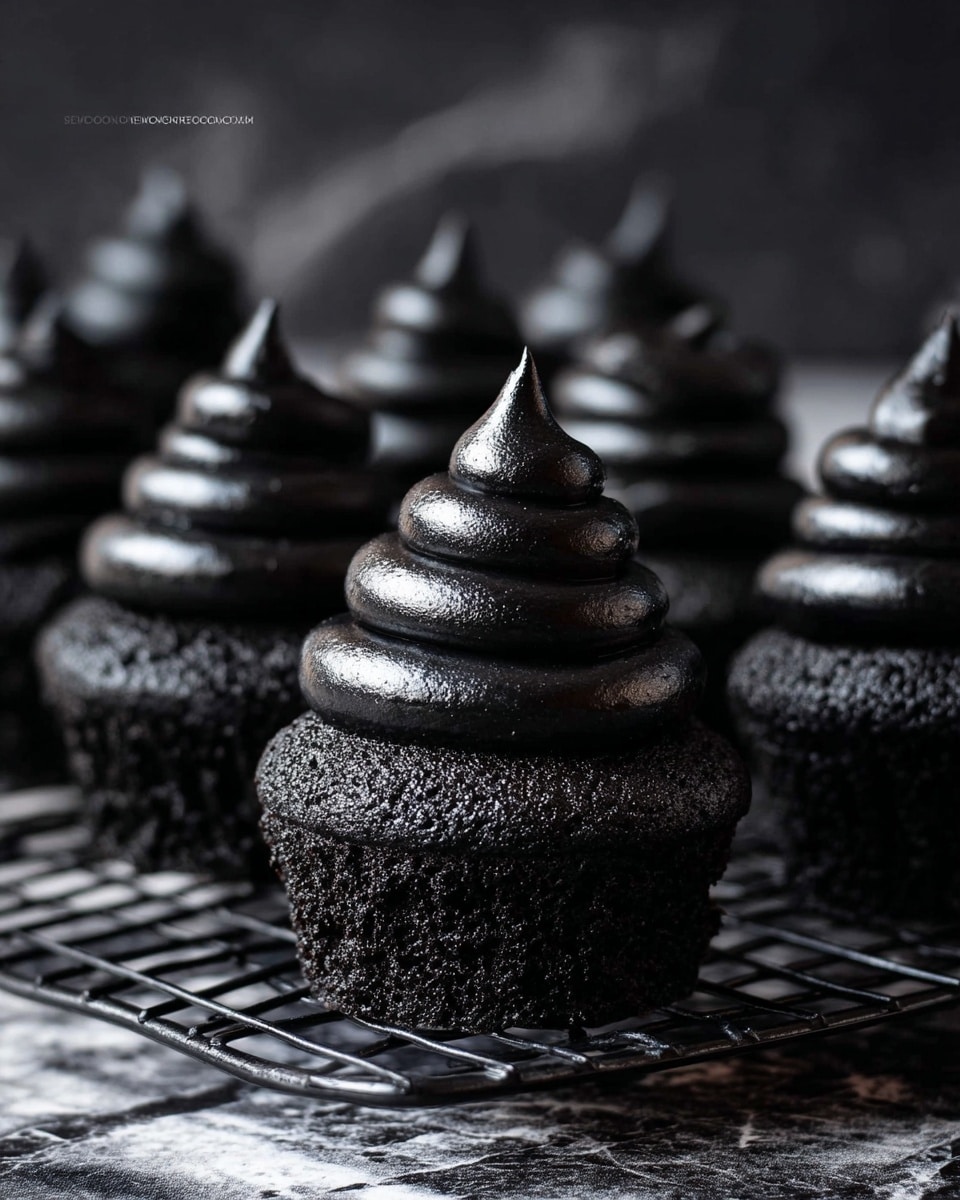 The image shows several small black cupcakes arranged on a cooling rack. Each cupcake has two main layers: a dark, rough-textured cake base and a glossy, smooth, thick swirl of black frosting on top. The frosting has a shiny, creamy appearance that spirals upwards to a pointed tip. The background is dark but changed to a subtle white marbled texture, which contrasts with the deep black cupcakes. The overall look is rich and bold, with the cupcakes closely packed together in rows. photo taken with an iphone --ar 4:5 --v 7