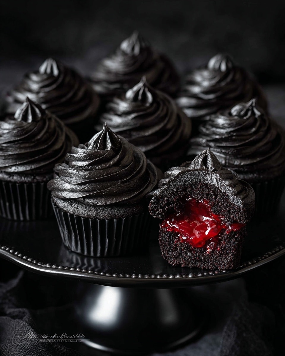 A black cake stand holds nine small black cupcakes, each topped with thick, glossy black frosting swirled in three layers ending in a small peak. One cupcake is cut open in the front, revealing a moist black crumb and a bright red jelly-like filling inside the center, contrasting with the dark outer layers. The cake stand and cloth underneath are black, all set against a black background that blends smoothly. photo taken with an iphone --ar 4:5 --v 7