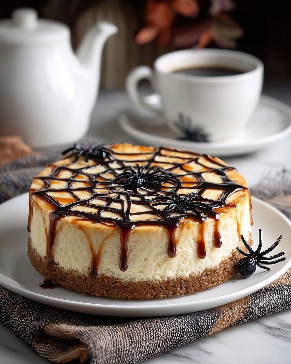 A round cheesecake is set on a white plate, showing three clear layers: a dense light brown crumb crust base, a thick creamy off-white middle layer, and a smooth pale top layer. The top is decorated with a dark chocolate caramel sauce drawn in a spider web pattern, with the sauce dripping slightly over the sides. Several black plastic spider decorations rest on the web design and near the base of the cake. The plate sits on a textured grey and brown cloth on a white marbled surface. In the soft-focus background, a white cup and saucer hold dark coffee, and a white teapot is partially visible. photo taken with an iphone --ar 4:5 --v 7