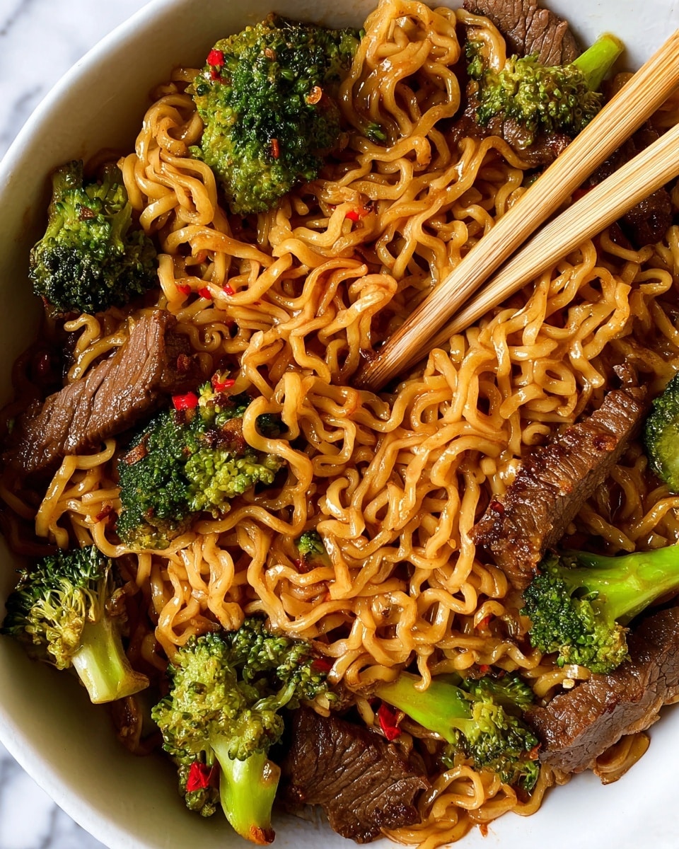 The image shows a white bowl filled with three main layers: at the bottom are brownish-orange cooked noodles with a glossy texture, tangled closely together; scattered throughout the noodles are bright green broccoli florets with a slightly soft appearance and small red chili flakes on them; mixed with the noodles and broccoli are thick slices of dark brown cooked beef with a slightly charred outside and juicy texture. On top of the noodles, a pair of light wooden chopsticks pick up some noodles, positioned slightly to the right. The bowl sits on a white marbled surface. photo taken with an iphone --ar 4:5 --v 7