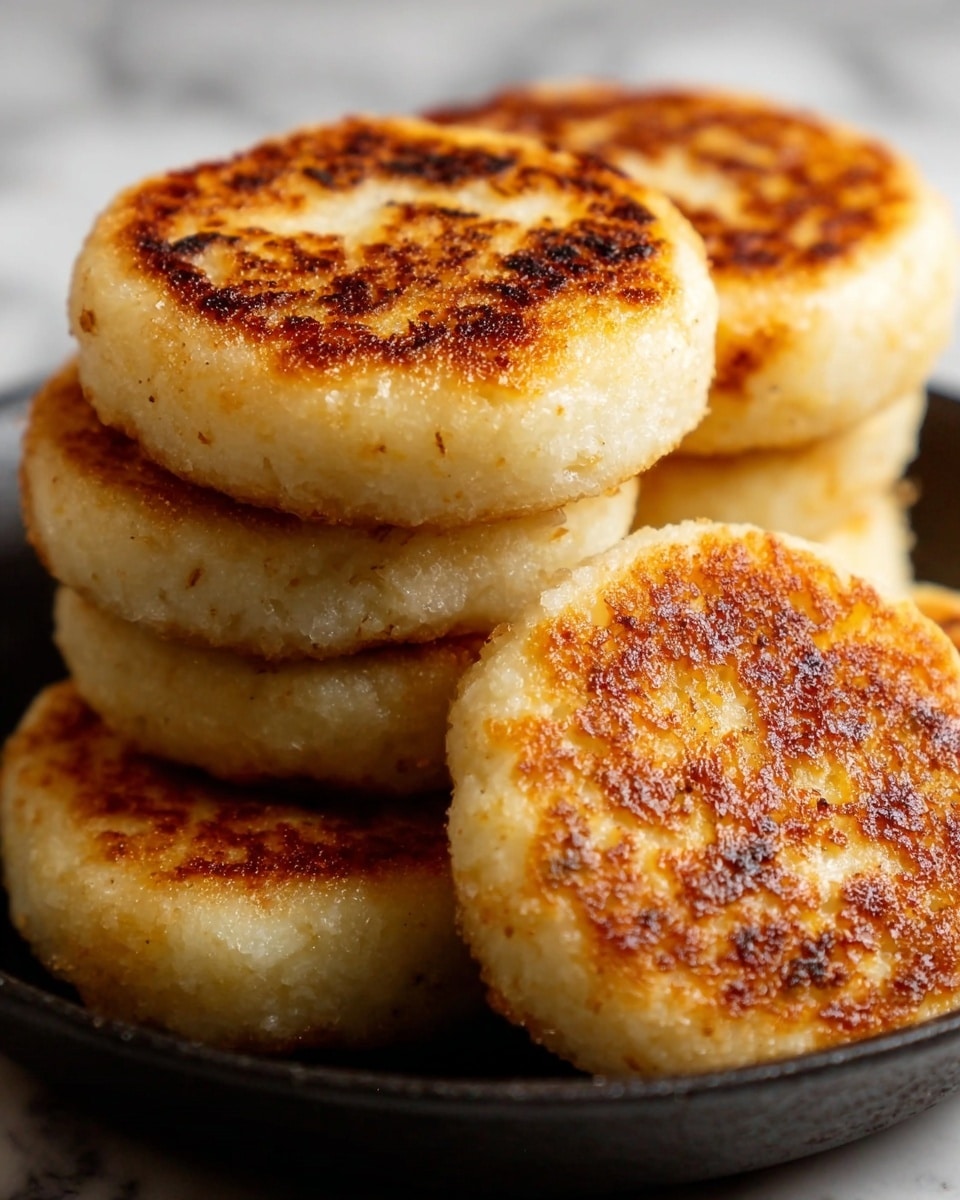 The image shows five golden brown potato cakes stacked in a black pan. Each cake is thick, round, and has a crispy texture on the outside with a soft, lighter inside. The cakes have an even browning on the top and edges, showing small crisp spots and a slightly rough surface. The background features a white marbled texture. Photo taken with an iphone --ar 4:5 --v 7