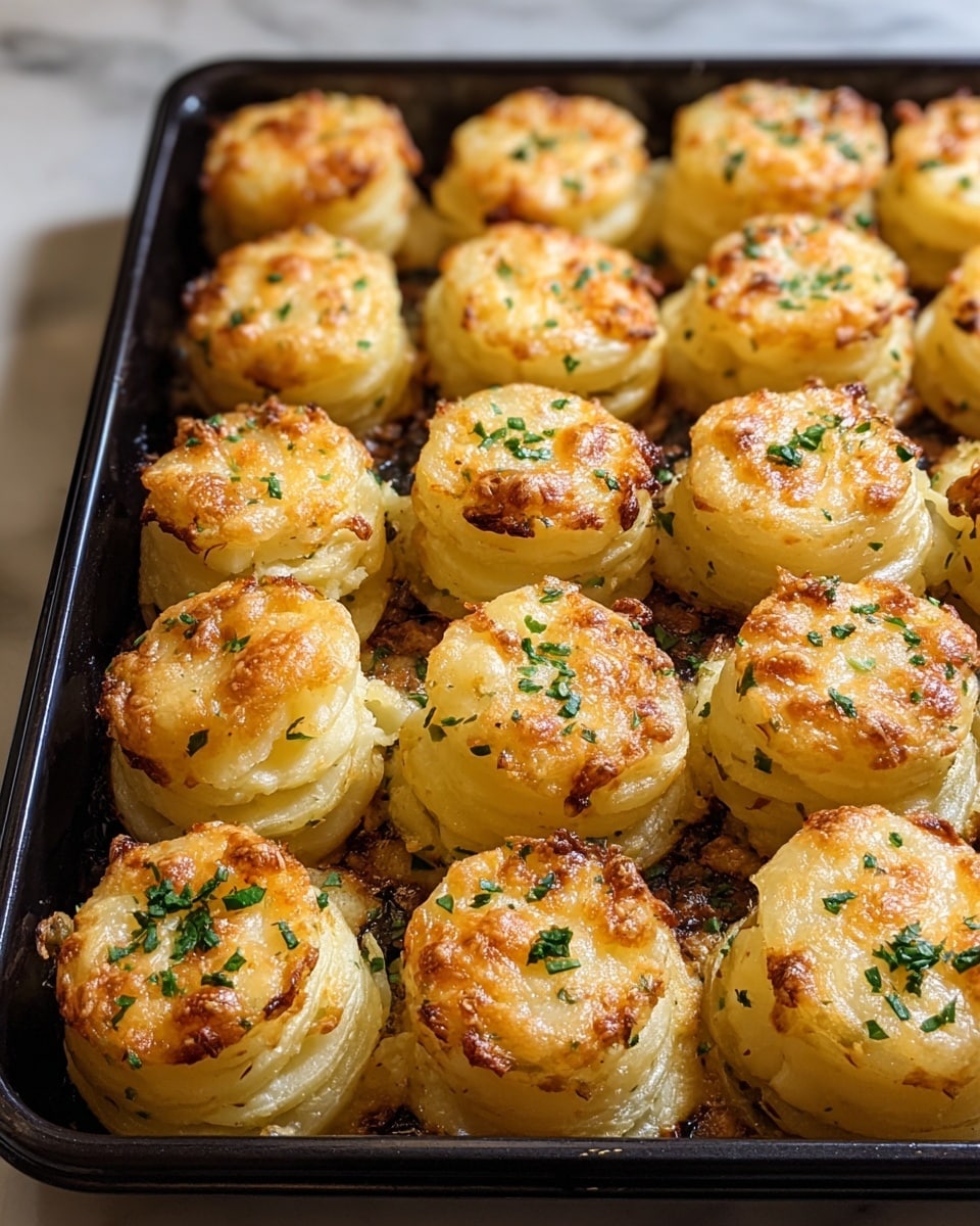 The image shows a black metal baking tray filled with about twenty golden-brown potato stacks arranged in neat rows. Each potato stack has three visible layers: a light yellow creamy base with a fluffy texture, a middle layer slightly pressed and soft, and a top layer that is crispy and browned with a sprinkle of green chopped herbs adding fresh color. The edges of some stacks have a bit of melted cheese that looks crunchy and slightly darker. The tray is placed on a white marbled surface. photo taken with an iphone --ar 4:5 --v 7