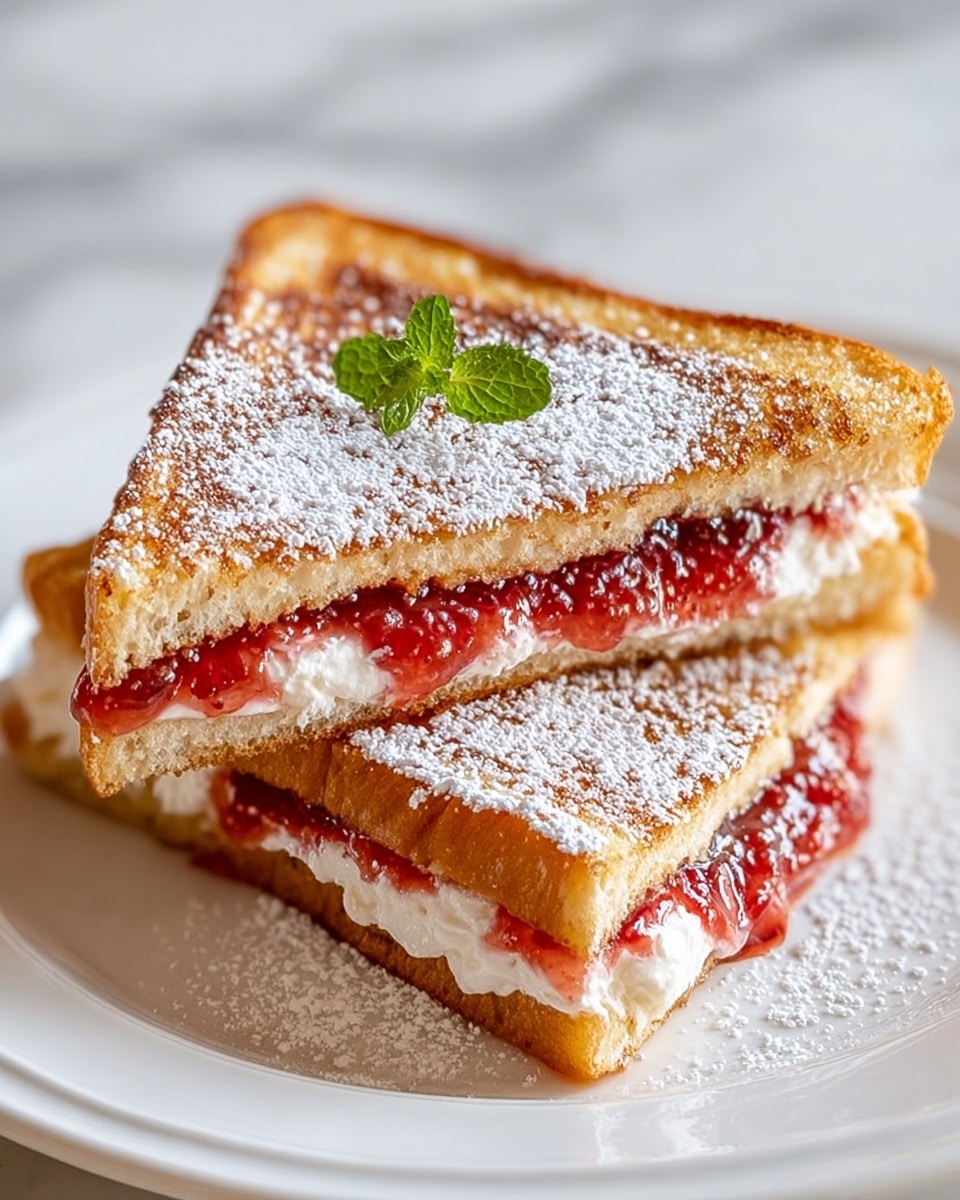 Two triangular slices of golden brown grilled sandwich stacked on a white plate, each slice showing a layer of white cream cheese and bright red strawberry jam in between. The top slice is dusted with fine white powdered sugar and garnished with a small green mint leaf on the corner. The sandwich is set against a white marbled texture. photo taken with an iphone --ar 4:5 --v 7