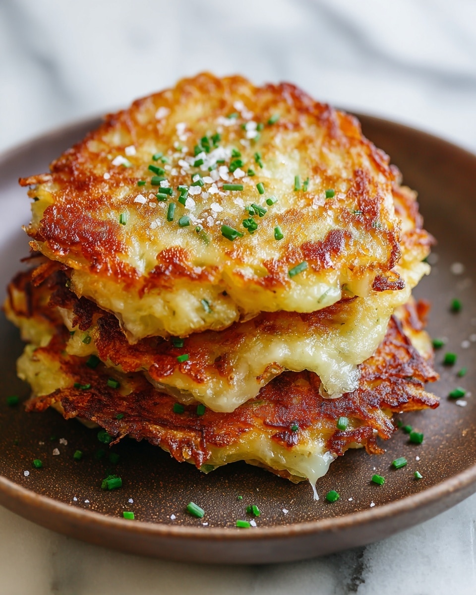 A stack of three golden-brown grilled cheese sandwiches is shown close up, each sandwich having one layer of crispy browned bread on top and bottom with melted white cheese oozing from the middle, stretching slightly between the layers. The sandwich has small bits of green herbs sprinkled on top and around it. The bread texture looks crunchy and the melted cheese appears creamy and gooey, with some small black pepper specks visible inside. The whole stack sits on a surface with a white marbled texture, giving a clean and bright background. Photo taken with an iphone --ar 4:5 --v 7