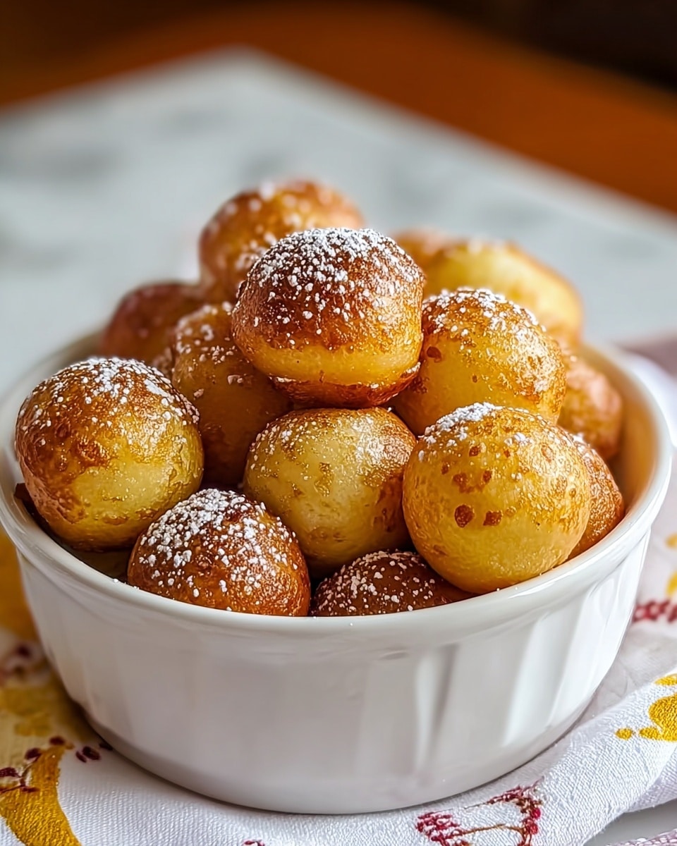 A white round bowl filled with two layers of small, round golden brown pancake balls that have a slightly crispy texture on the outside and a soft, yellow inside. Some of the balls are dusted lightly with white powdered sugar, adding a delicate snowy effect. The bowl is placed on a white marbled surface with part of a white cloth with yellow and red designs visible to the side. The background is softly blurred, focusing attention on the shiny and warm pancake balls. Photo taken with an iphone --ar 4:5 --v 7