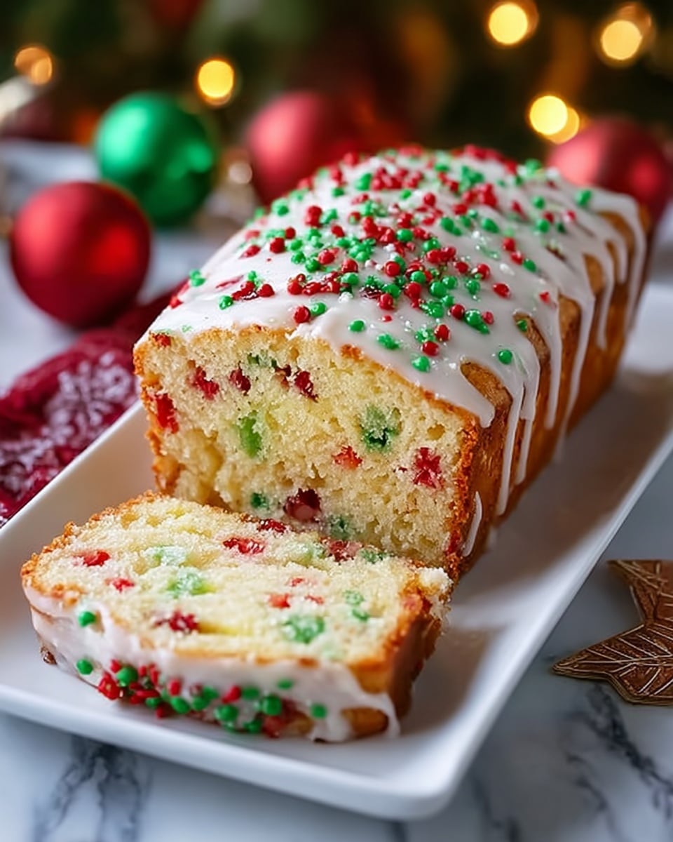 A loaf cake with a light golden brown crust sits on a white rectangular plate. The cake has two visible layers: the inside, which is pale yellow with scattered pieces of red and green bits evenly spread throughout, and the top layer, covered with a thick, glossy white icing drizzled across its length. Red and green round sprinkles cover the icing, adding festive color. One slice has been cut from the loaf and lies flat to show the colorful interior. The plate is placed on a white marbled surface with blurry warm lights and Christmas decorations in the background. Photo taken with an iphone --ar 4:5 --v 7
