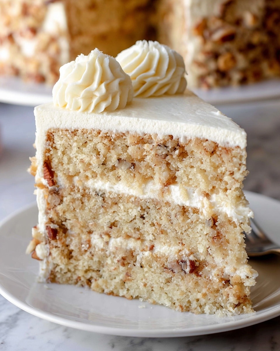 A close-up of a three-layer slice of nut-studded cake with light golden brown layers that look soft and crumbly, each separated by creamy white frosting. The top layer is coated with smooth white frosting and decorated with two small swirls of piped cream. The cake slice sits on a white plate, all placed on a white marbled surface. In the blurred background, a larger piece of the same cake is visible. Photo taken with an iphone --ar 4:5 --v 7