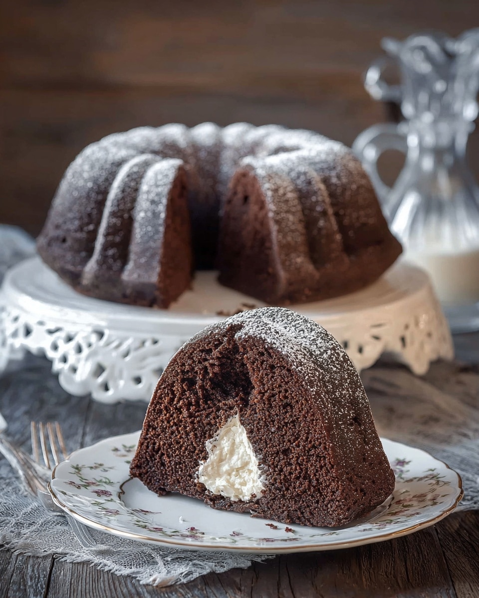 A chocolate bundt cake with one slice cut out shows three layers: the outer crust is dark brown and slightly rough with a soft, crumbly inside that is a rich, moist dark brown. The cake is dusted with a light layer of white powdered sugar on top, highlighting the cake's ridged pattern, and it sits on a white cake stand. The background is a white marbled texture which contrasts softly with the cake’s deep color. There are small crumbs around the cake base and a partial view of a white bowl with more crumbs on the side. photo taken with an iphone --ar 4:5 --v 7