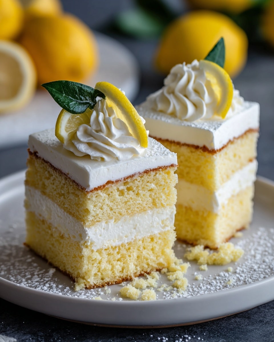 The image shows two pieces of lemon cake on a white plate with a dark surface. Each cake piece has three layers: the top and bottom layers are soft, yellow sponge cake, and the middle layer is thick white whipped cream. The top of each cake is covered with white whipped cream and decorated with a small swirl of cream. One piece has a thin lemon slice on top, and the other has a lemon slice with a green leaf next to it. Some crumbs are on the plate around the cake, with powdered sugar dusted lightly over the cake and plate. The background is softly blurred with some lemons visible. Photo taken with an iphone --ar 4:5 --v 7