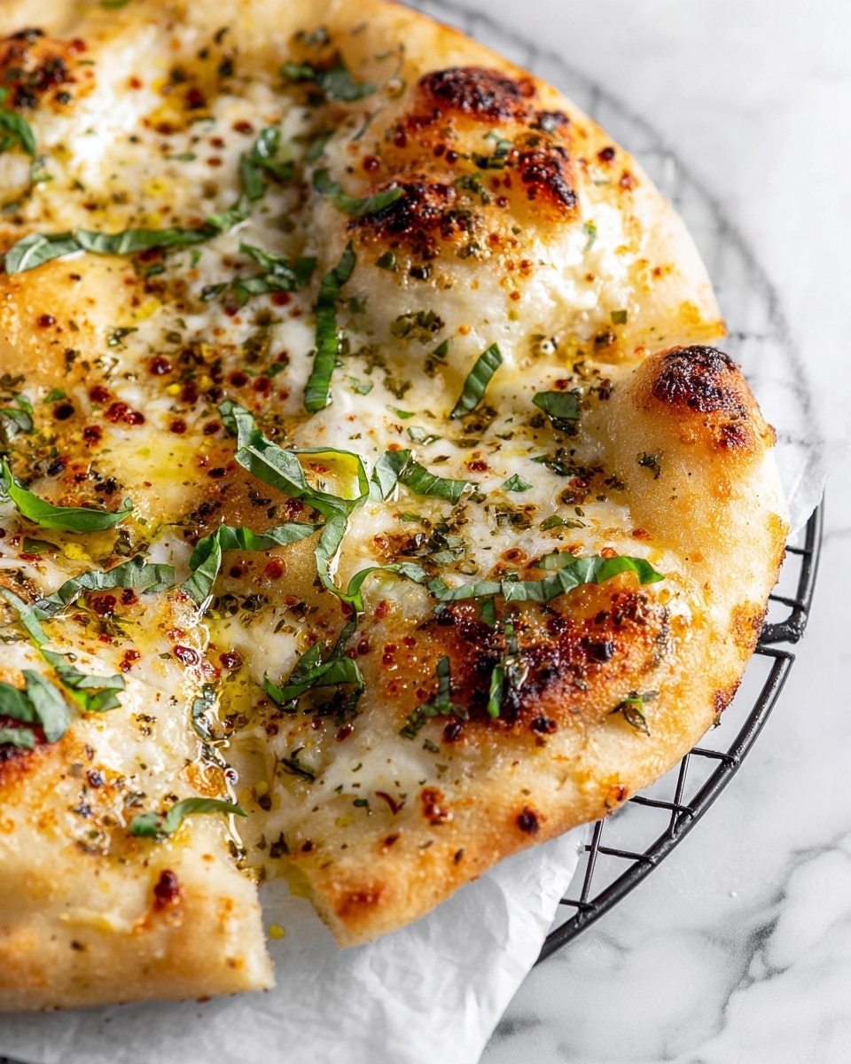 A close-up view of a white pizza resting on white parchment paper over a round black cooling rack, all placed on a white marbled surface. The pizza has one thick, golden crust layer with bubbly and slightly charred spots. On top, there is a gooey, melted white cheese layer scattered with browned, toasted patches. The cheese is dotted with herbs and spices, including green and red flakes. Fresh small green basil leaves are spread across the surface, adding a burst of color. The pizza glows with droplets of golden olive oil pooling in some areas. Photo taken with an iphone --ar 4:5 --v 7
