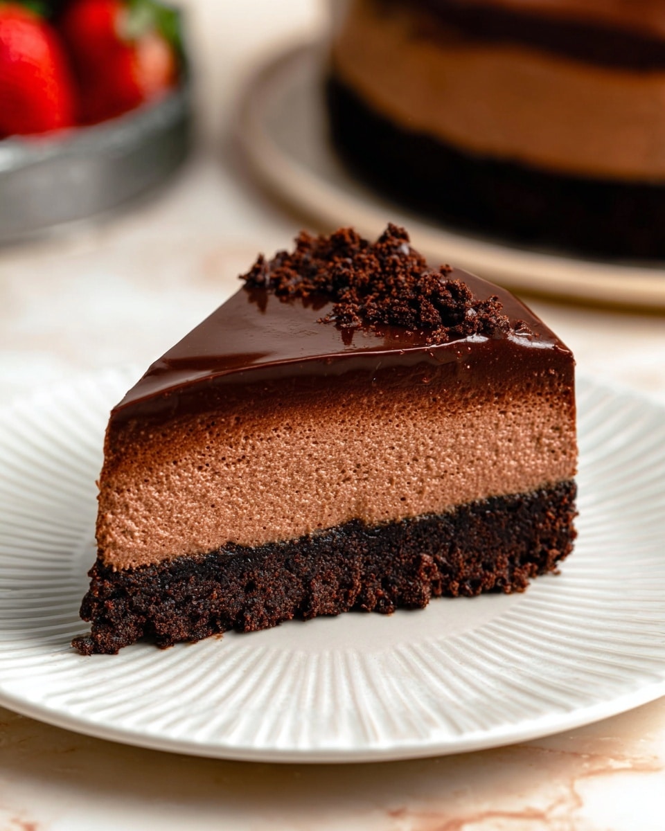 A three-layer chocolate cake with a thick, dark brown base that looks moist and crumbly, topped with a lighter brown airy mousse middle layer, and covered by a glossy dark chocolate ganache layer that smoothly drapes over the sides with a shiny finish. A slice is cut out, showing the clear layers, and the cake sits on brown parchment paper over a white marbled surface. In the background, there are white ceramic pitchers and a bottle. photo taken with an iphone --ar 4:5 --v 7