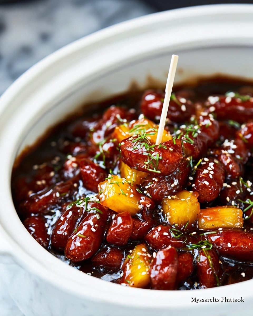 The image shows a close-up of a white bowl filled with small cooked sausages covered in a thick, glossy dark brown sauce. Mixed with the sausages are chunks of golden yellow pineapple, also coated in the sauce. The dish is garnished with small green herb pieces and white sesame seeds sprinkled on top. A white plastic cocktail pick is stuck through one sausage and pineapple piece, holding them together in the center. The bowl sits on a white marbled surface. photo taken with an iphone --ar 4:5 --v 7