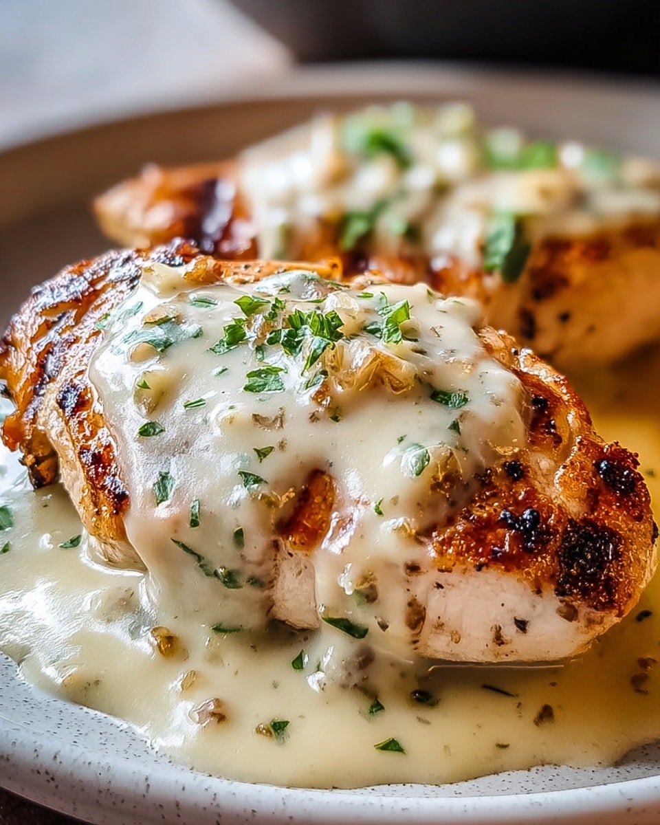 A white plate on a white marbled surface holds a piece of cooked chicken covered with three layers: the bottom layer is a creamy white sauce with a smooth texture, the middle layer shows melted cheddar cheese in a golden yellow color with browned spots, and the top layer features small bits of crispy bacon in reddish-brown shades scattered evenly. Some finely chopped green herbs are sprinkled on top and around the edge of the plate. The chicken is juicy and slightly browned around the edges. photo taken with an iphone --ar 4:5 --v 7