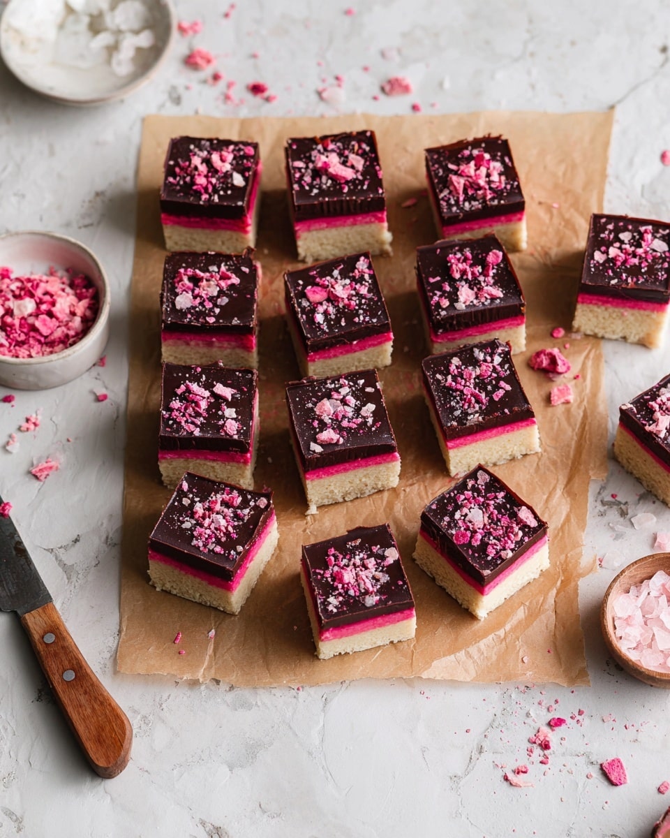 The image shows a stack of square dessert bars on a white tray lined with brown parchment paper, placed on a white marbled surface. Each dessert bar has four distinct layers: a bottom layer of pale, crumbly crust, a thick middle layer of bright red jam or jelly, a creamy beige layer on top of that, and a glossy dark chocolate layer as the final top. The chocolate layer is sprinkled with small red and pink bits, adding texture and color. The bars are neatly cut with clean edges, with some pieces stacked on top of one another and others scattered around on the tray and surface. photo taken with an iphone --ar 4:5 --v 7