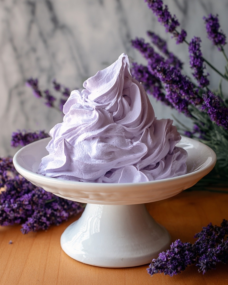 A single thick layer of light purple whipped cream cake frosting is swirled in a soft, fluffy texture, forming a rounded mound on a white pedestal cake stand. Small lavender flower buds are gently placed on top and around the frosting, adding a natural decoration. The background shows a bouquet of tall, vibrant purple lavender flowers in a pot, all set on a white marbled textured surface. photo taken with an iphone --ar 4:5 --v 7