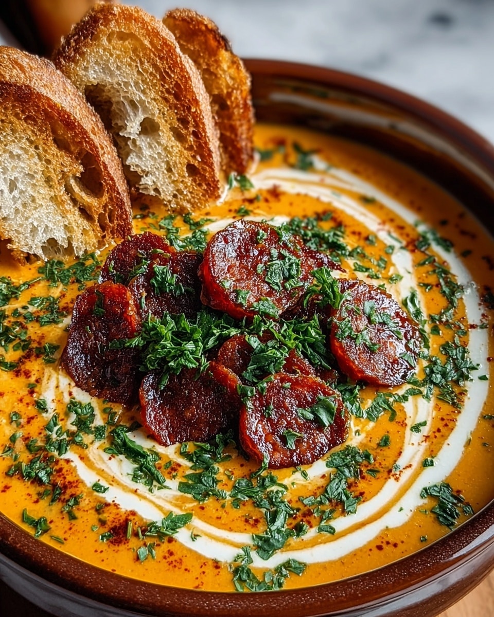 A close-up view of a brown bowl filled with creamy white cheese dip, topped with several slices of dark red pepperoni, and scattered fresh bright green parsley leaves. Two toasted bread slices with golden-brown crust are placed on the edge of the bowl, slightly dipping into the cheese. The bowl sits on a white marbled surface. photo taken with an iphone --ar 4:5 --v 7