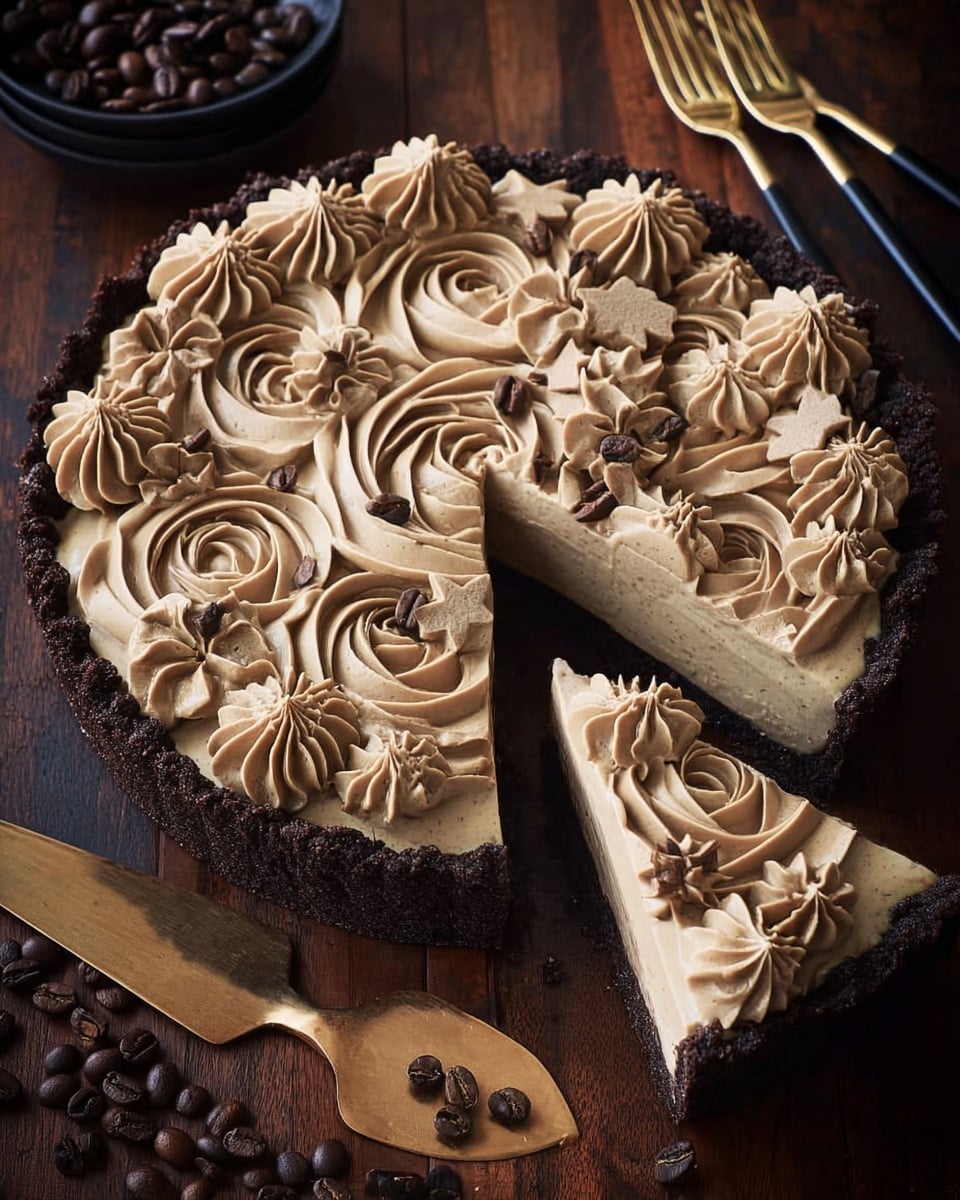 A dark chocolate tart with a thick, crumbly dark brown crust on the bottom and edges, filled with creamy light brown coffee-flavored filling. The top is decorated with large swirls of light brown cream arranged in a floral pattern, mixed with small star-shaped flower dollops scattered evenly across the surface. One triangular slice is cut and slightly pulled out, showing the smooth texture inside. The tart sits on a wooden table with scattered dark brown coffee beans around it, next to a gold-colored cake server and three black forks. Photo taken with an iphone --ar 4:5 --v 7