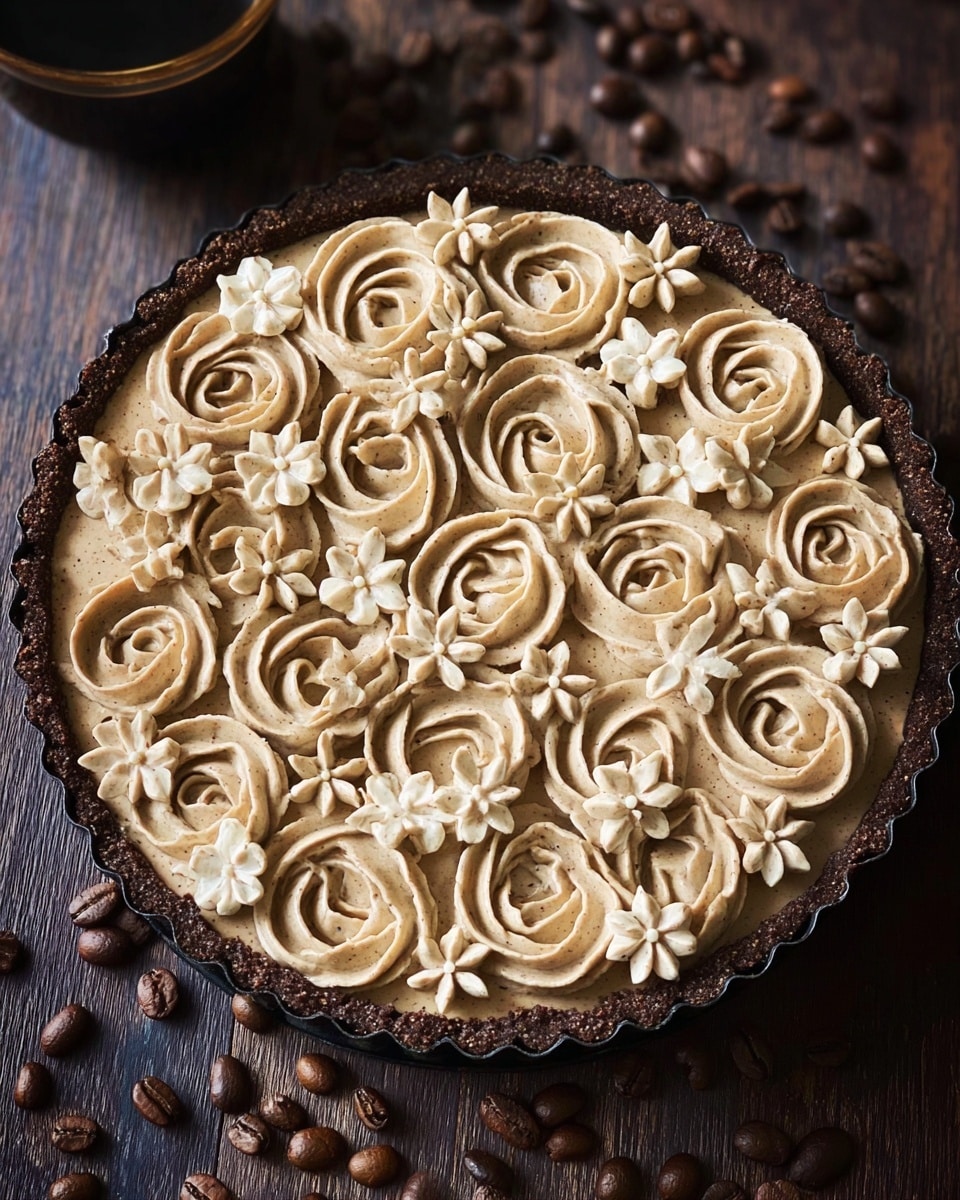 A round tart with a dark brown, crumbly crust and a creamy top layer decorated with swirls and small flower shapes in a light beige color, arranged closely to cover the whole surface. The swirls have a smooth, whipped texture and the small flowers are detailed and evenly placed between the larger swirls. The tart is on a dark wooden surface scattered with coffee beans, highlighting the cream color contrast. photo taken with an iphone --ar 4:5 --v 7
