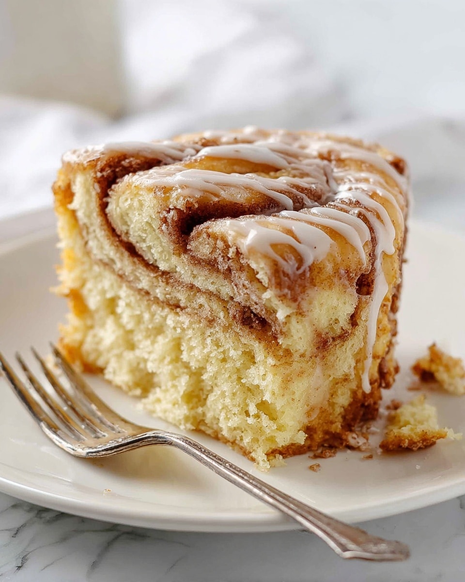 A thick slice of cinnamon roll cake sits on a white plate placed on a white marbled surface, next to a silver fork. The cake has two main layers: a soft, light yellow sponge base with a dense, fluffy texture, and on top, multiple swirled layers of cinnamon filling that have a warm brown color. A thin, shiny glaze with white icing drips lightly over the top, highlighting the swirls and adding a glossy texture to the cake. Small crumbs and bits of cinnamon filling are scattered slightly around the base of the slice. photo taken with an iphone --ar 4:5 --v 7