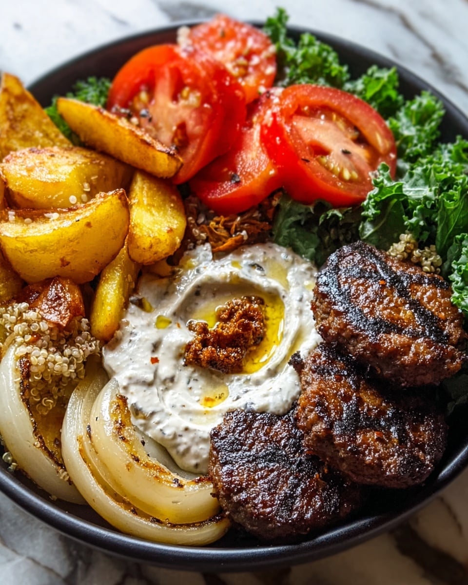 A black bowl holds a colorful meal arranged in sections on a white marbled surface. On one side, there are golden, crispy potato wedges with a rough texture layered on top of slightly grilled round onion slices that are pale yellow with char marks. Next to the potatoes, bright red tomato slices sit on fresh green kale leaves. Small, dark brown grilled meat patties with a charred surface are placed in the bowl next to a creamy white sauce dolloped thickly with specks of black pepper and a drizzle of golden oil, topped with a small piece of browned garnish. A small mound of light brown quinoa adds a grainy texture between the tomatoes and the sauce. Photo taken with an iphone --ar 4:5 --v 7