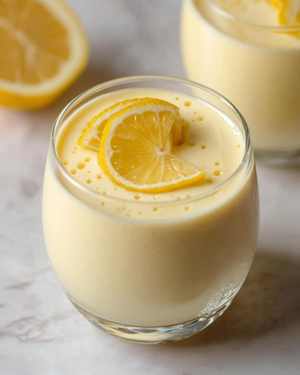 A clear round glass filled with a creamy pale yellow lemon mousse that looks smooth and thick, topped with two thin, bright yellow lemon slices that float on the surface. The glass sits on a white marbled texture surface, and in the background, there is another glass with a similar mousse slightly out of focus. The mousse has tiny bubbles on the surface, adding a light texture. Photo taken with an iphone --ar 4:5 --v 7