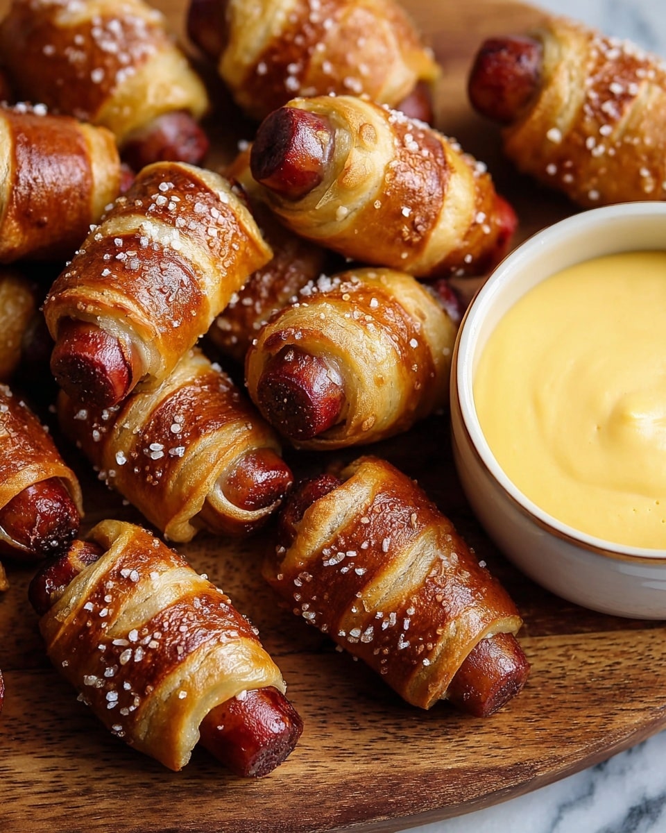 The image shows a group of small sausages wrapped tightly in a golden-brown pretzel dough, creating a shiny, slightly crusty outer layer sprinkled with coarse salt. Each sausage is enveloped about halfway with the dough, exposing the reddish-brown smooth sausage ends with slight grill marks. These rolls sit close together on a wooden board, and to the right, a small white bowl filled with creamy yellow cheese sauce adds a smooth texture contrast. The background is a white marbled surface with soft lighting emphasizing the warm tones and textures of the food. photo taken with an iphone --ar 4:5 --v 7