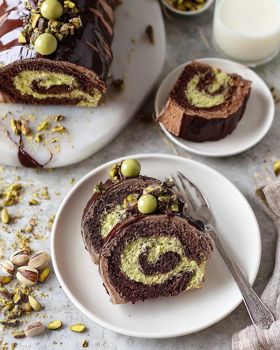 The image shows a chocolate roll cake sliced into pieces and placed on white plates. The roll has visible layers with a dark chocolate outer layer, a greenish inner swirl, and a creamy chocolate filling in the middle. On top of the roll slices, there is a glossy dark chocolate glaze, partially covering the cake. Small green round pieces that look like balls and crushed pistachios decorate the top layer. A white marbled surface is under the plates, scattered with pistachios and small chocolate chunks. A glass with milk is partly visible on the side, and a silver fork rests on the smaller plate holding one slice of the chocolate roll. photo taken with an iphone --ar 4:5 --v 7
