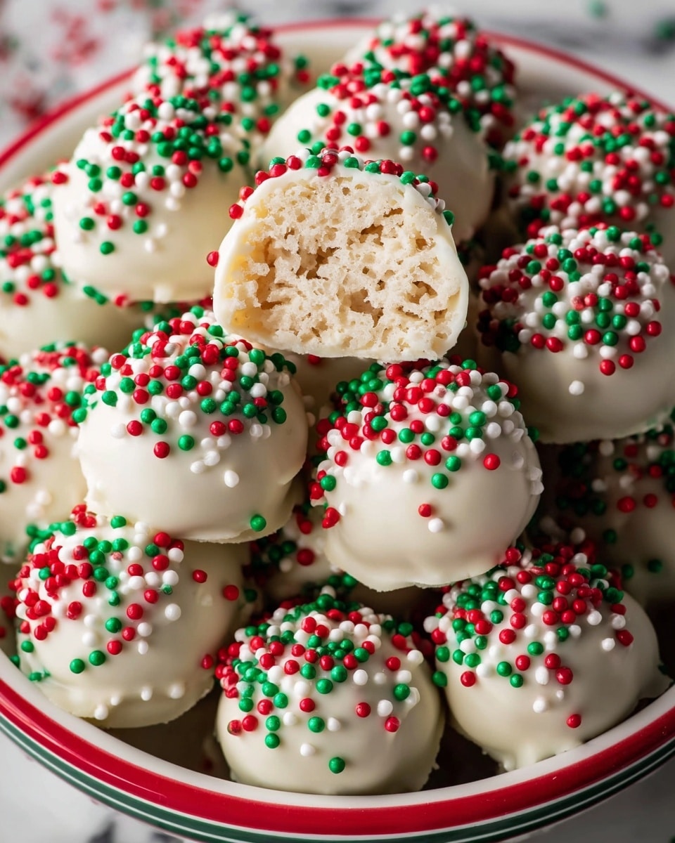 The image shows many white chocolate-covered round treats, each topped with small red, green, and white round sprinkles clustered mostly on the top half. One treat is cut in half, revealing a pale, crisp, airy inner layer that looks like a cereal or rice crispy base. The treats are placed closely together in a bowl with a white base and a red and green rim, which sits on a white marbled surface. photo taken with an iphone --ar 4:5 --v 7