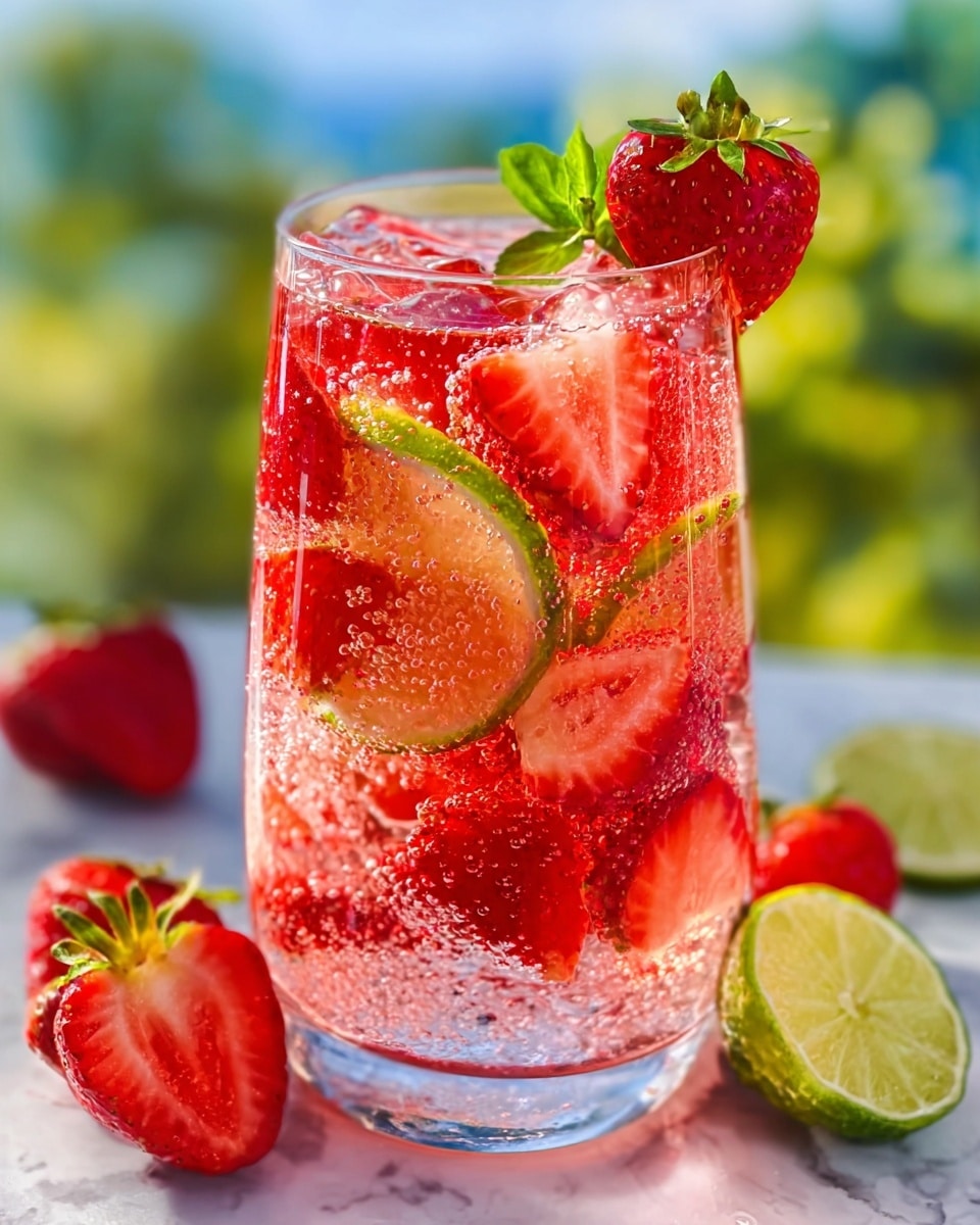 The image shows a clear glass filled with a pink and red fizzy drink that has many small bubbles floating up. Inside the glass, there are several slices of fresh strawberries with their red and white colors clearly visible. On top of the drink, there is a half strawberry placed at the edge of the glass and a round slice of lime with a green skin and light yellow inside, along with two small green mint leaves for decoration. The glass is on a white marbled surface with a few whole and sliced strawberries and a lime slice around it. The background is bright and blurry with green and blue colors, suggesting an outdoor setting. Photo taken with an iphone --ar 4:5 --v 7