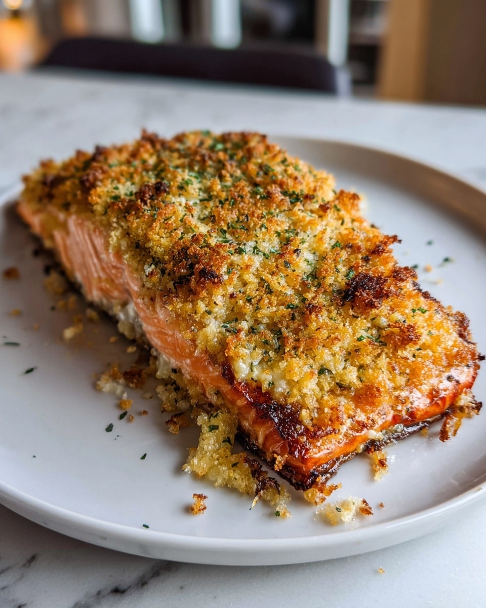 A single piece of salmon fillet rests on a white plate, showing three main layers: the bottom layer is the salmon's pinkish-orange cooked flesh with a slight shine; the middle is the thin crispy, golden-brown herb and breadcrumb crust covering the top, with small bits toasted darker brown; the topmost layer is sprinkled with finely chopped green herbs that add contrast across the crust. The texture of the crust looks crunchy and coarse, with some areas slightly charred. The plate sits on a white marbled surface with soft sunlight casting natural shadows. Photo taken with an iphone --ar 4:5 --v 7