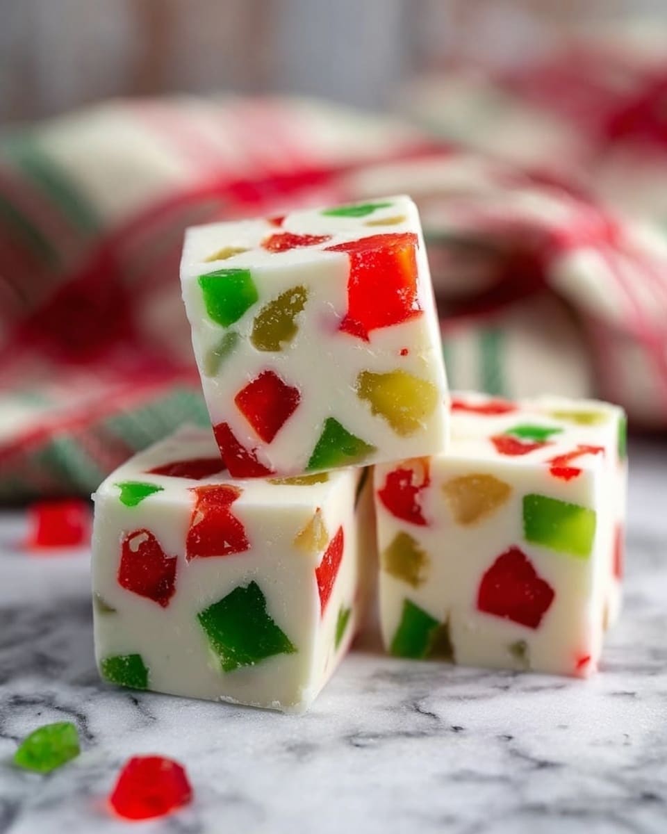 The image shows three white fudge cubes stacked with two on the bottom and one resting on top diagonally. Each cube is smooth and creamy in texture, dotted with bright red and green jelly-like chunks visible inside, giving a colorful and festive look. The fudge sits on a white marbled surface, with a blurred background featuring a white and red checkered cloth adding a cozy feeling. photo taken with an iphone --ar 4:5 --v 7