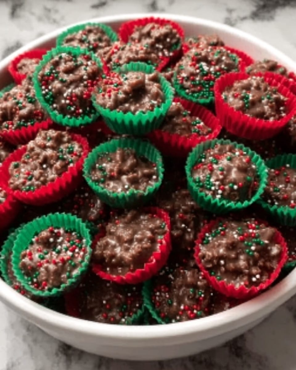 The image shows a white round bowl filled with many small chocolate treats placed in red and green paper cups. Each treat has a rough texture with small pieces visible on top, and they are sprinkled with tiny red and green bits. The treats are piled in layers, showing a mix of smooth and chunky chocolate. The bowl sits on a white marbled surface. photo taken with an iphone --ar 4:5 --v 7