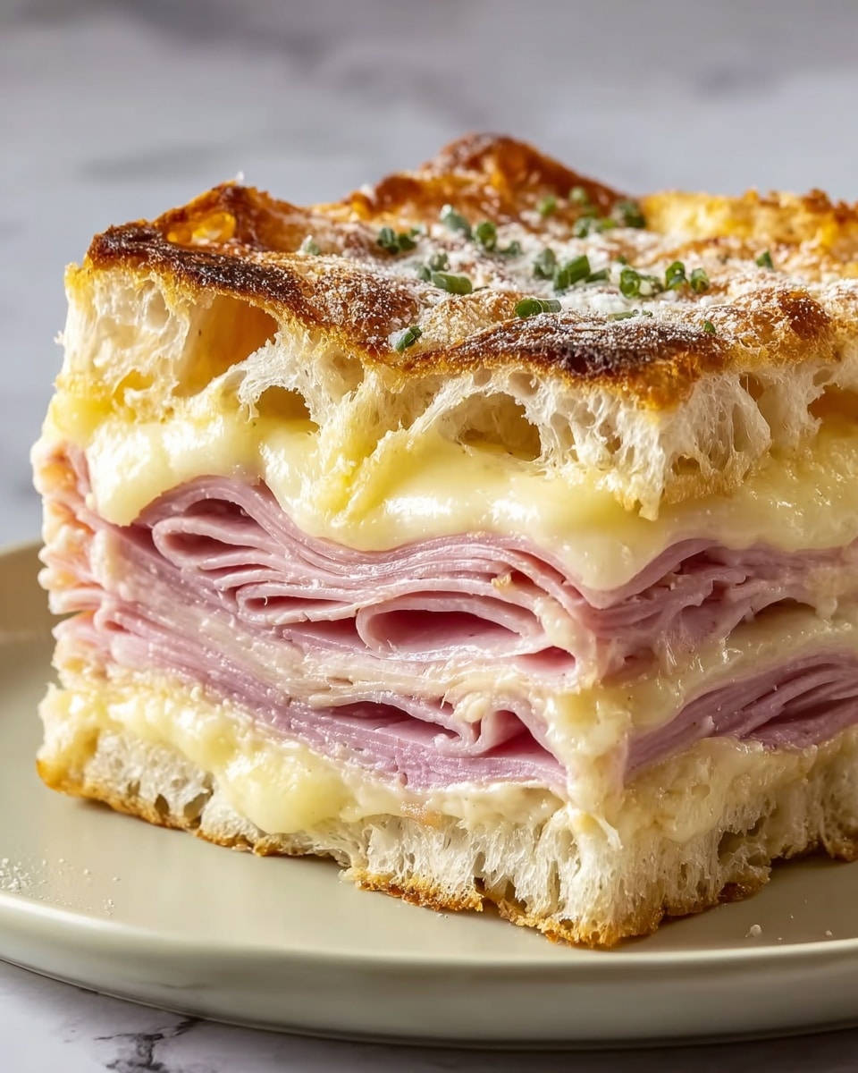 A close-up view of a thick slice of baked sandwich layered three times, showing soft pink ham folded in the middle, melted white cheese above it, and a golden, crispy bread crust on top and bottom. The top layer has a bubbly, slightly browned texture with a sprinkling of green herbs, and the melted cheese is oozing from the sides. The slice sits on a white plate with some melted cheese around it, all placed on a white marbled surface. photo taken with an iphone --ar 4:5 --v 7