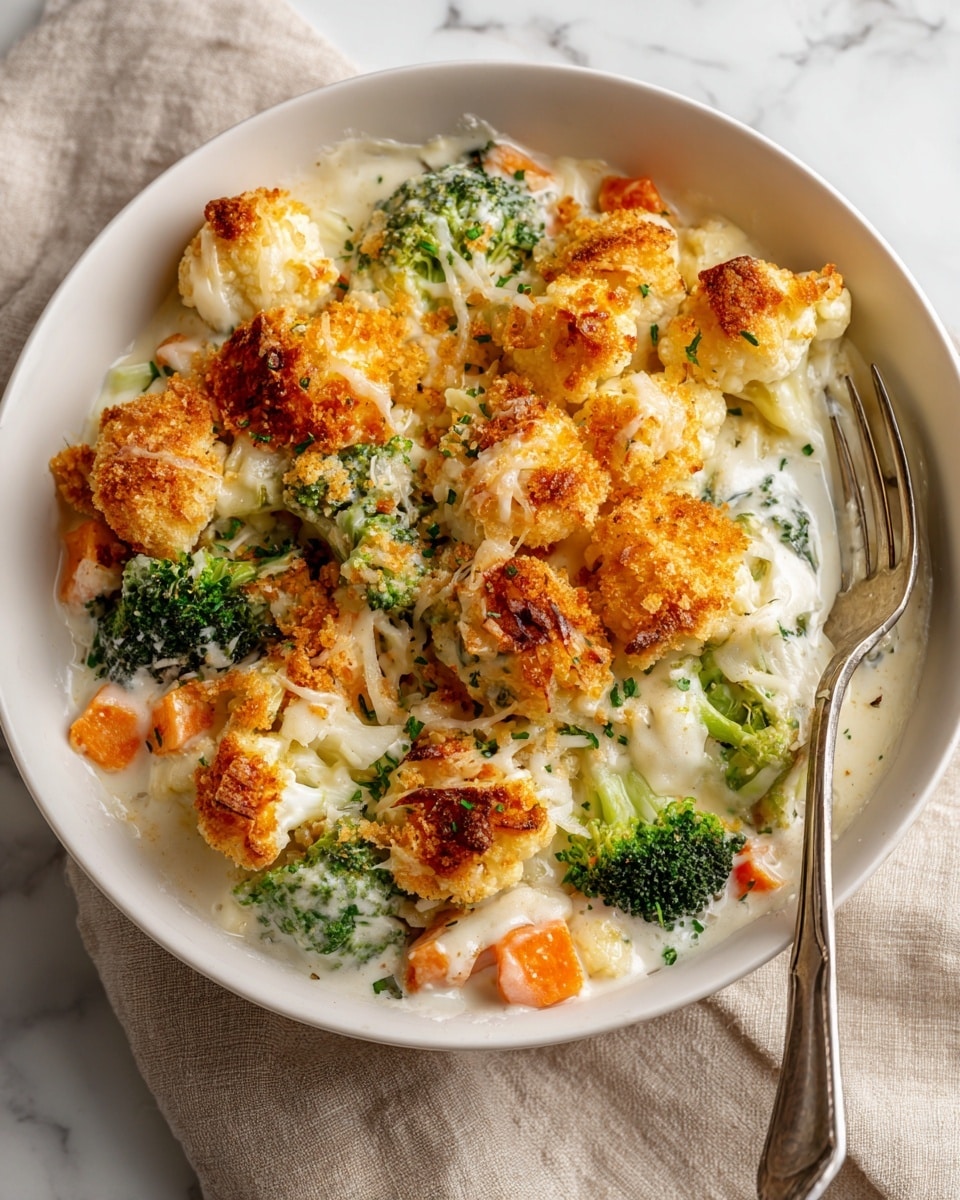 A white bowl filled with a layered vegetable casserole, showing a base of creamy white cheese sauce covering white cauliflower and bright green broccoli florets, along with small cubes of orange carrots. On top, there is a golden brown, crispy breadcrumb crust sprinkled unevenly, adding texture and a toasted look. Green herbs are lightly scattered across the dish, with the cheese pulling slightly between the florets. A silver fork is placed on the right side of the bowl, set on a soft beige cloth over a white marbled surface. photo taken with an iphone --ar 4:5 --v 7