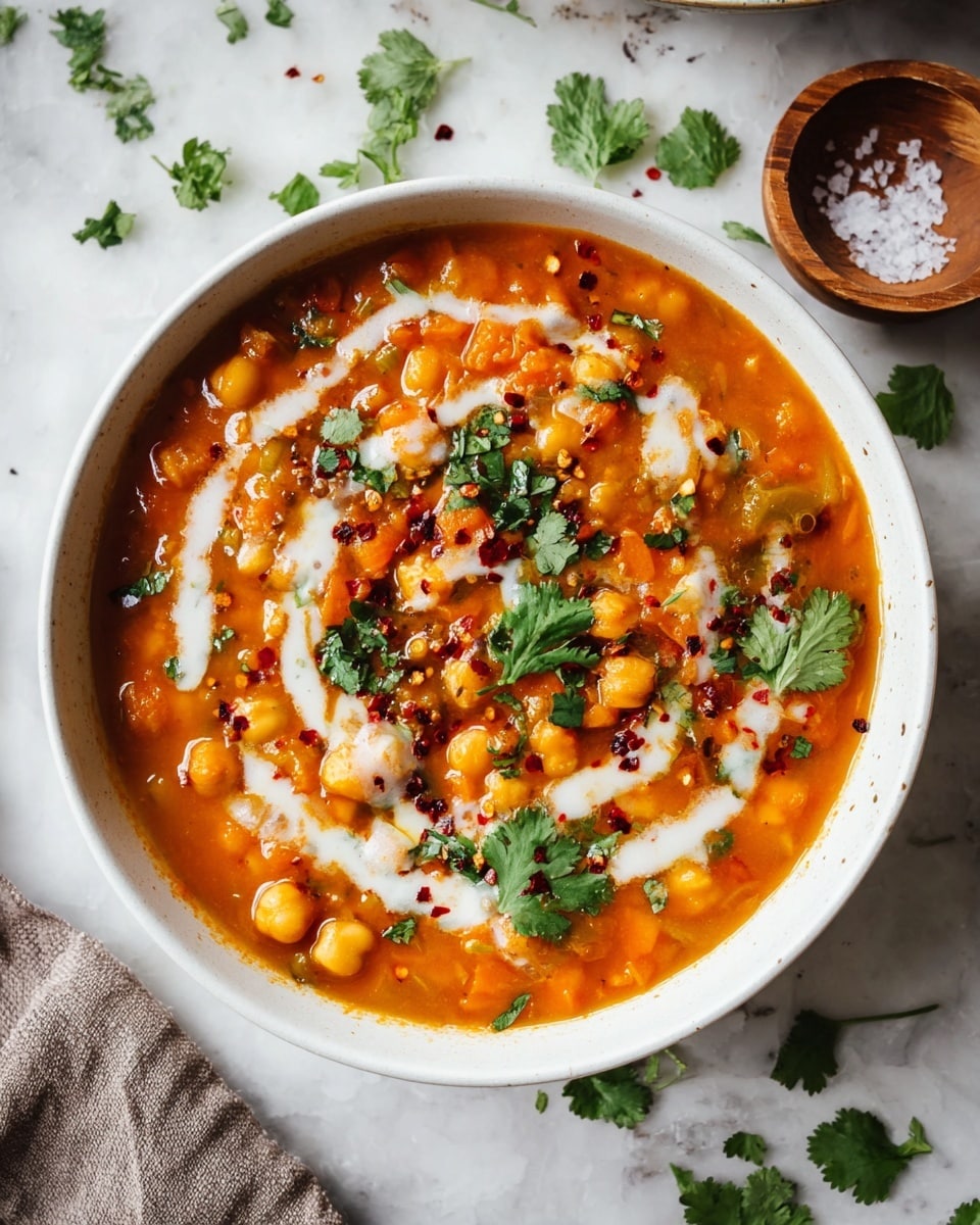 A white bowl filled with thick orange stew made of chickpeas, diced vegetables, and herbs. There is a creamy white swirl drizzled on top in a spiral pattern. Fresh green cilantro leaves are scattered over the stew along with small black and red chili flakes sprinkled on top. The bowl is placed on a white marbled texture with some loose cilantro leaves and a small wooden bowl of coarse salt nearby. Photo taken with an iphone --ar 4:5 --v 7