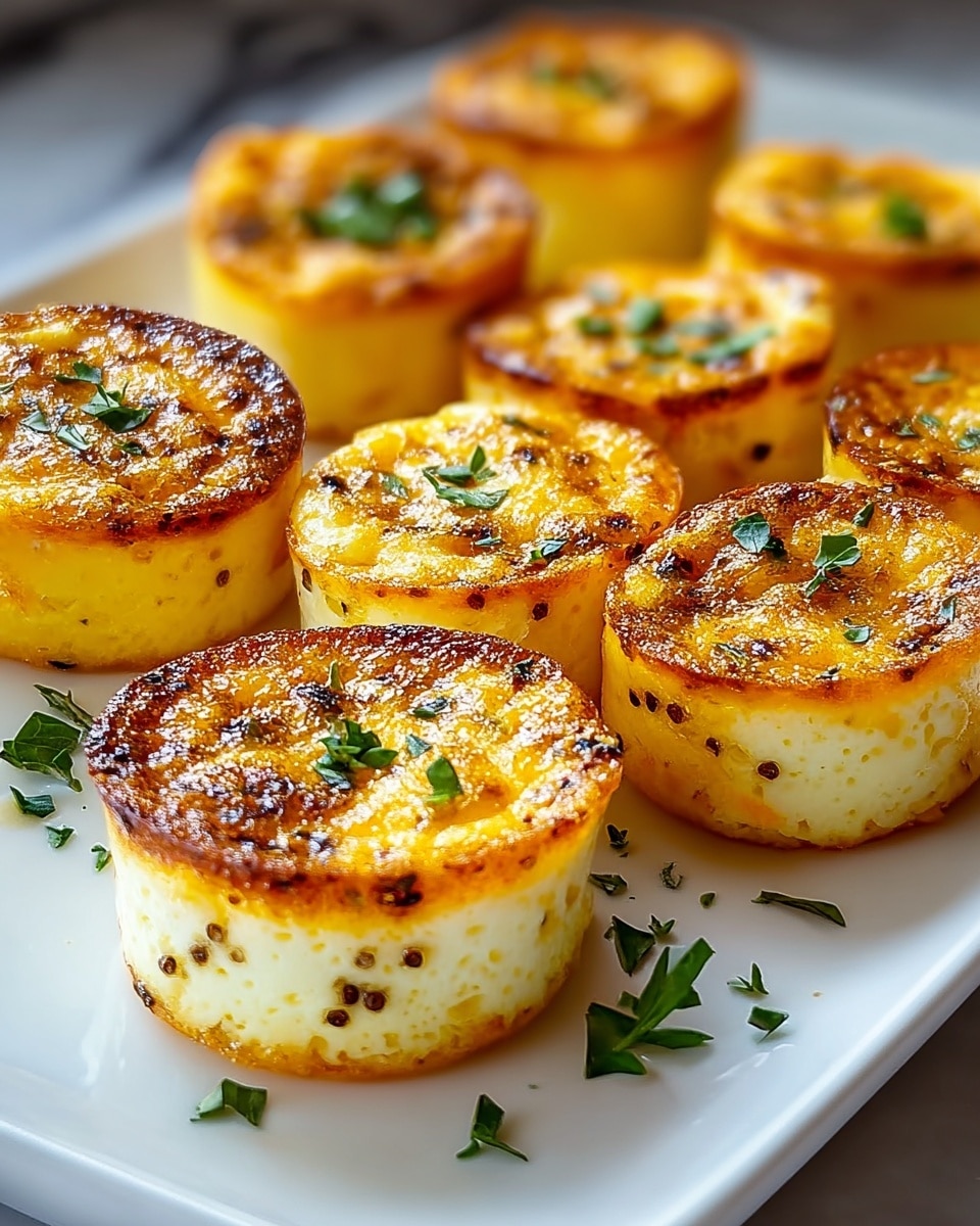 The image shows eight small round bite-sized potato stacks on a white rectangular plate, each about two layers high. The bottom and sides are a golden brown, crispy roasted potato layer, while the middle is a soft white creamy cheese filling. The top layer of potato is browned and slightly crispy with specks of fresh green herbs scattered on top for garnish. The plate sits on a white marbled surface, giving the whole scene a warm and inviting look. photo taken with an iphone --ar 4:5 --v 7